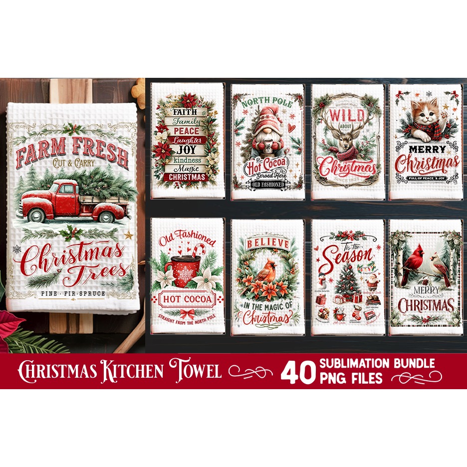 Christmas Kitchen Towel Sublimation PNG Bundle 40 Designs 2