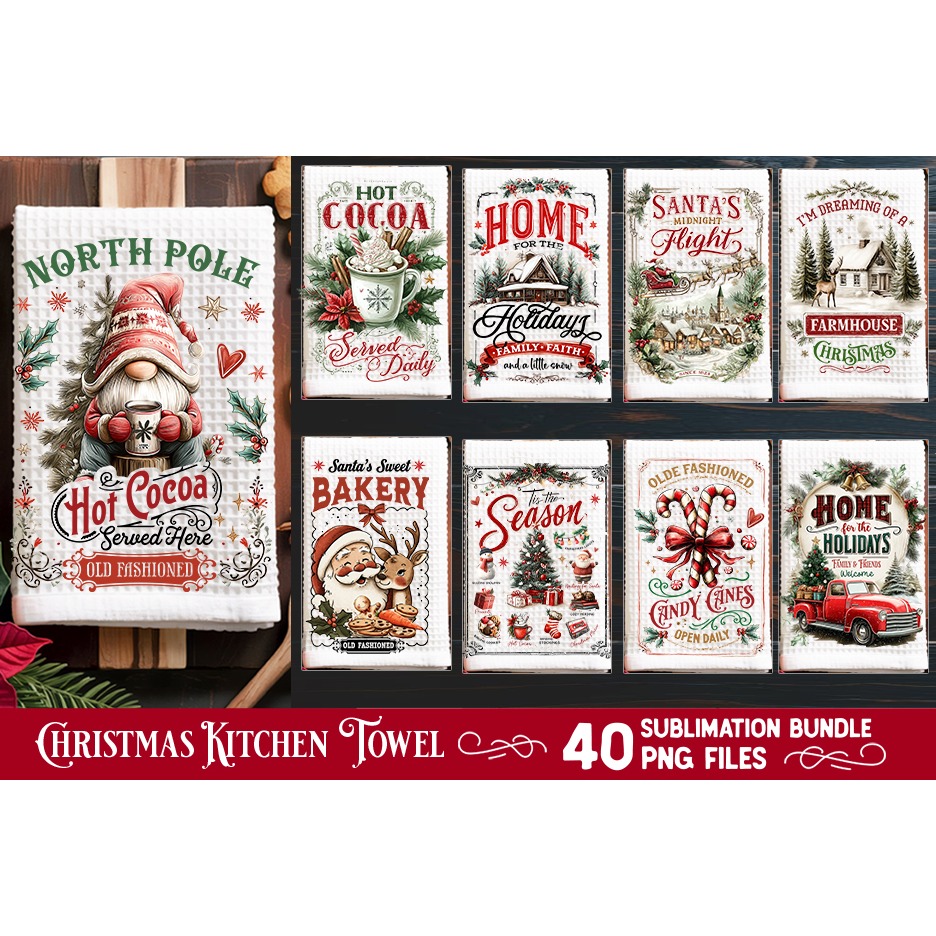 Christmas Kitchen Towel Sublimation PNG Bundle 40 Designs 4