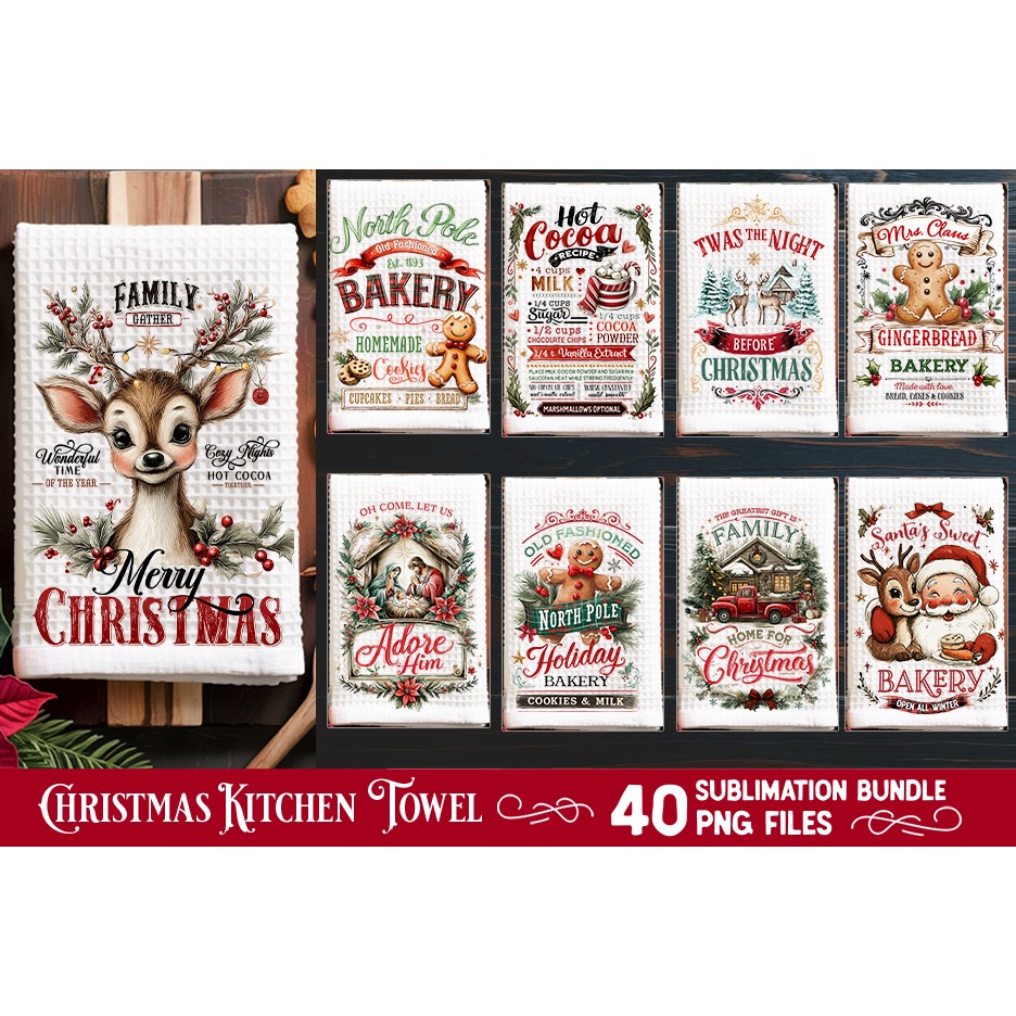 Christmas Kitchen Towel Sublimation PNG Bundle 40 Designs 5