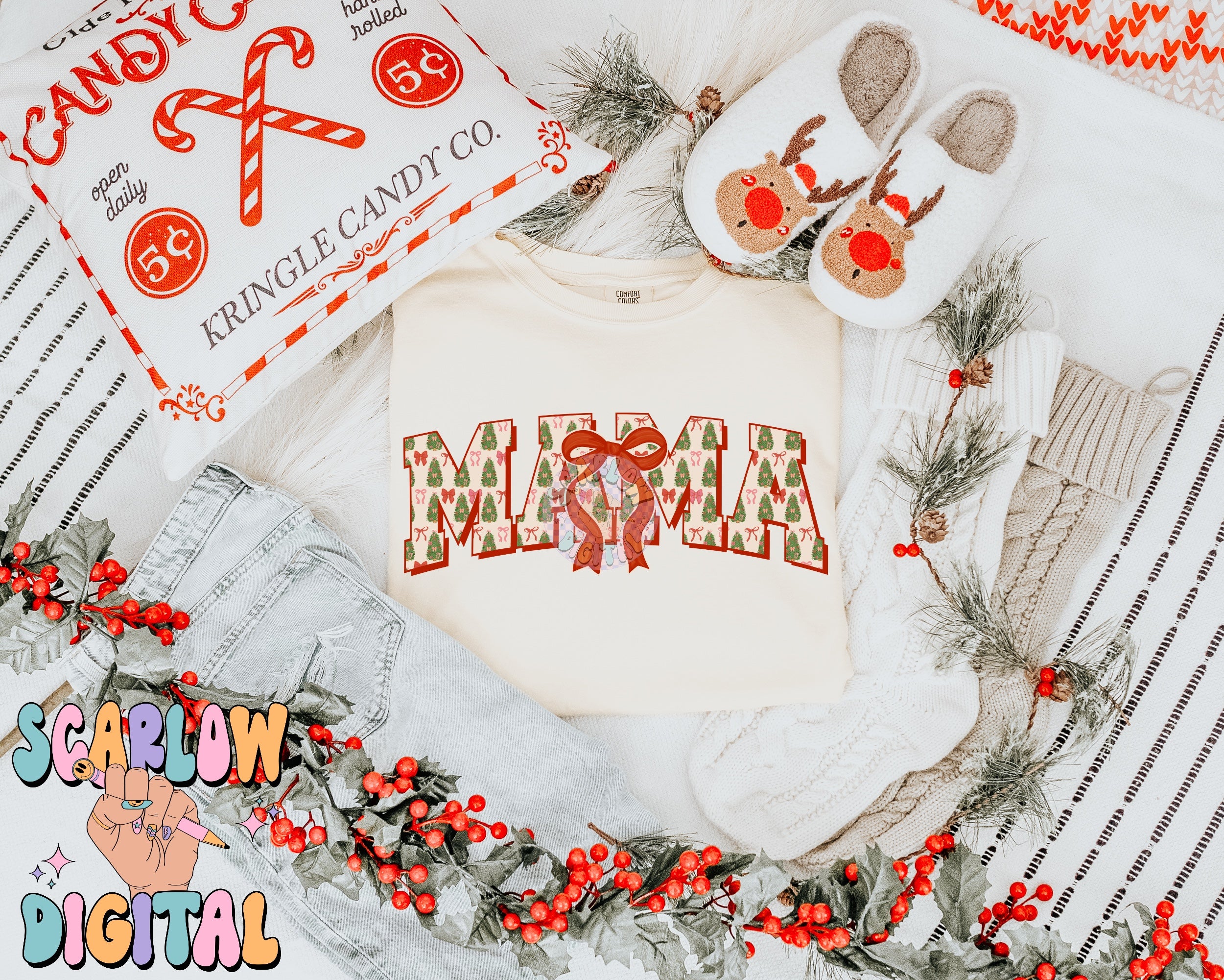 Christmas Mama PNG Digital Design, christmas trees png, christmas bows png, christmas coquette Bow, mama claus png, xmas doodle letters png 3