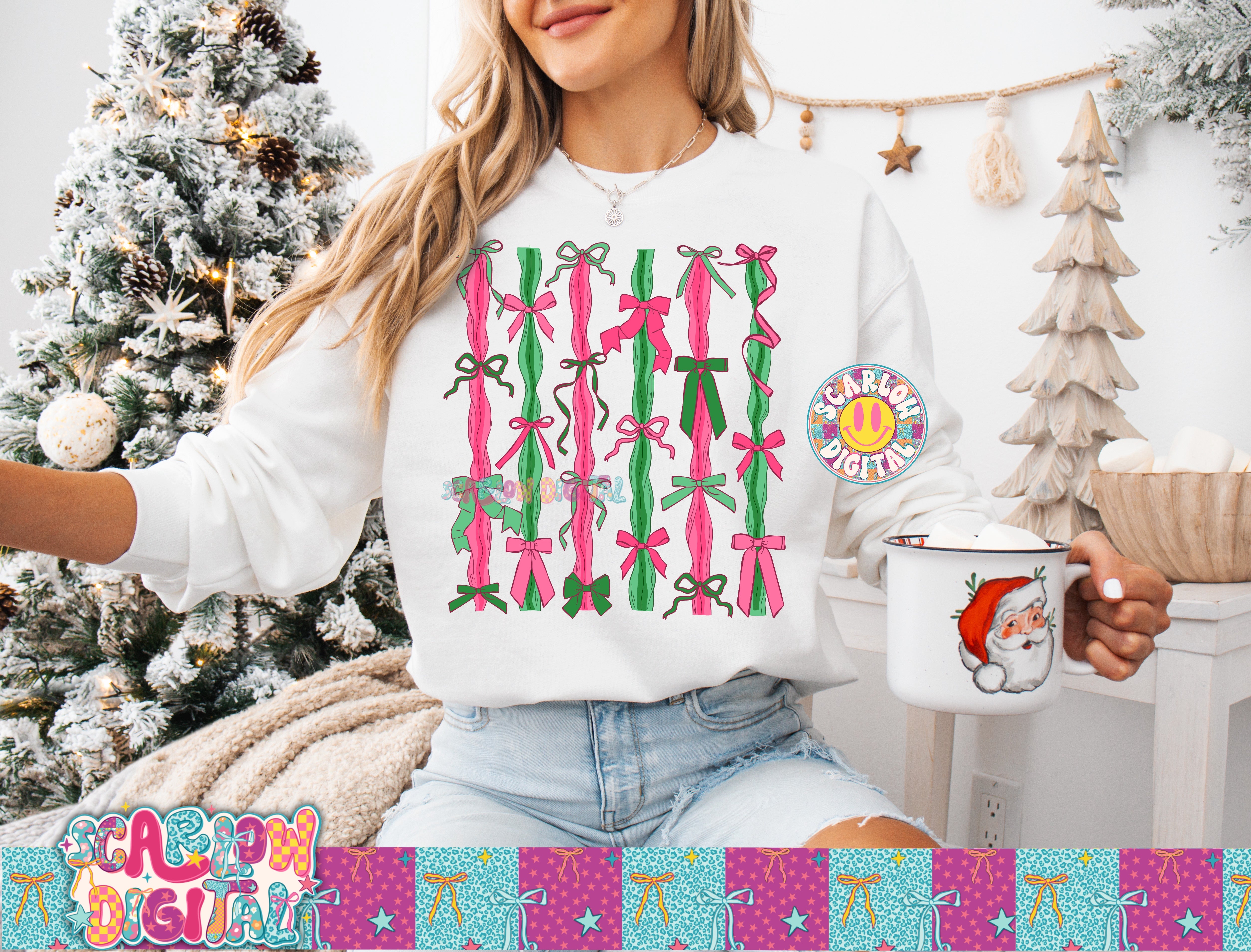 Christmas Pink and Green Bows PNG Digital Design