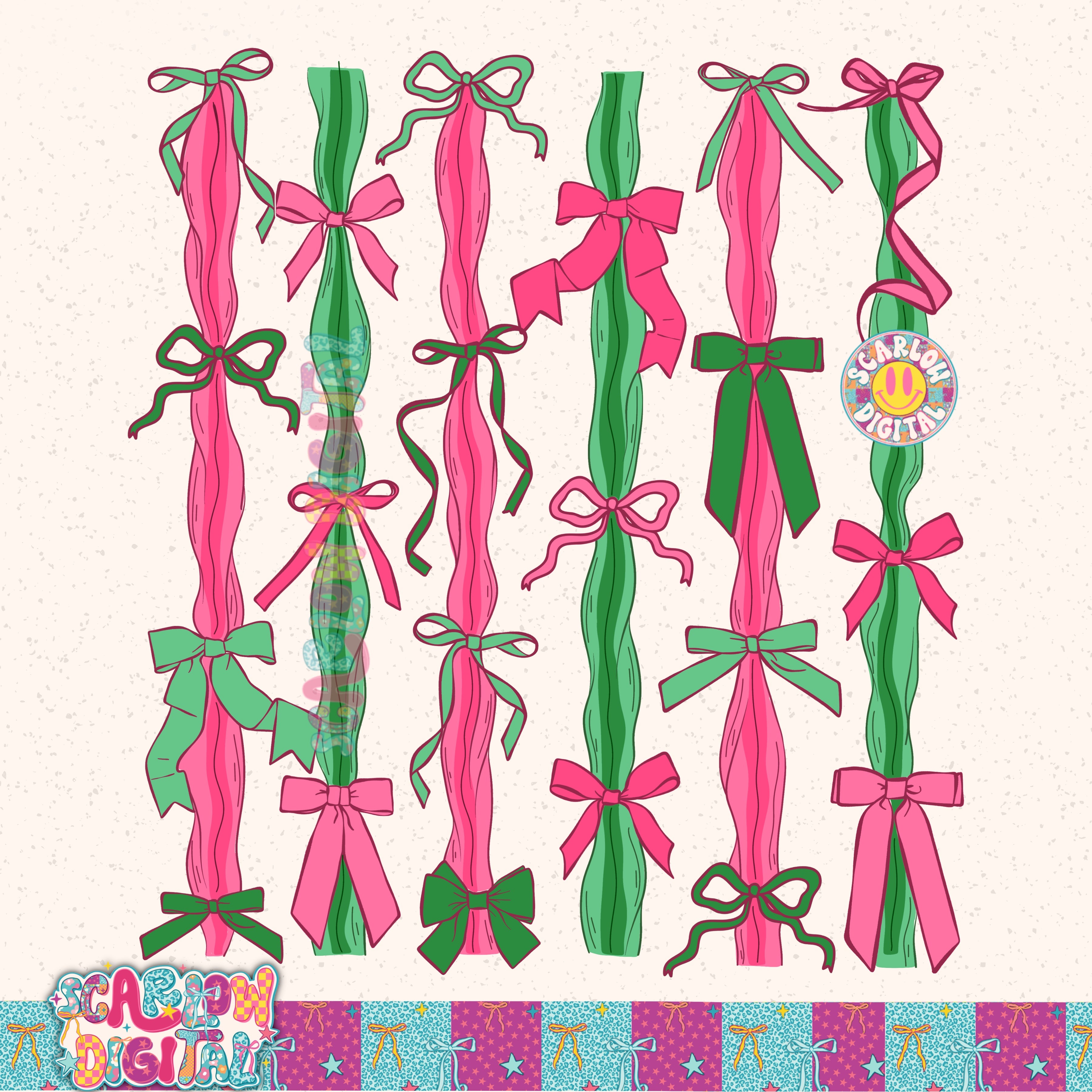 Christmas Pink and Green Bows PNG Digital Design 2