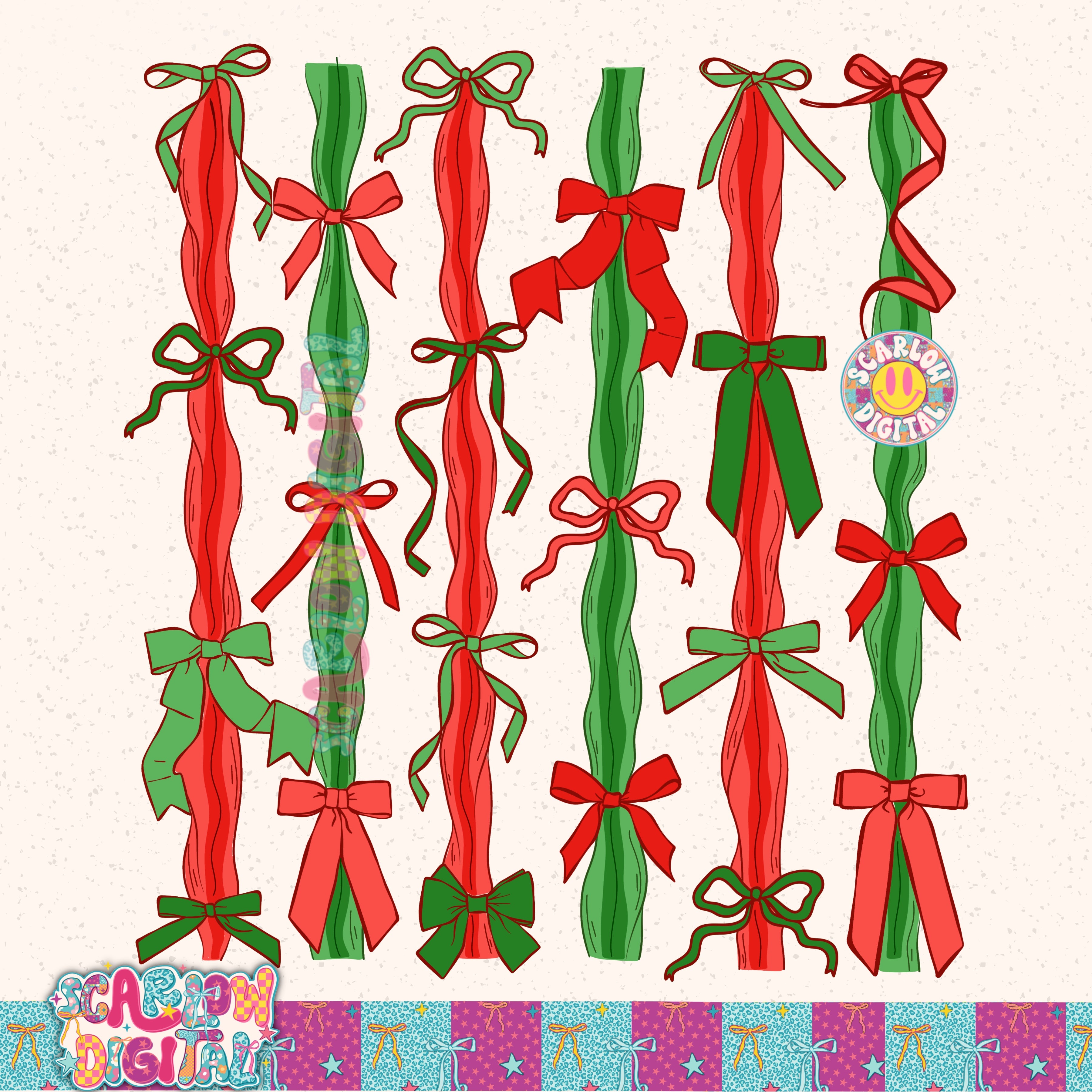 Christmas Red and Green Bows PNG Digital Design 2