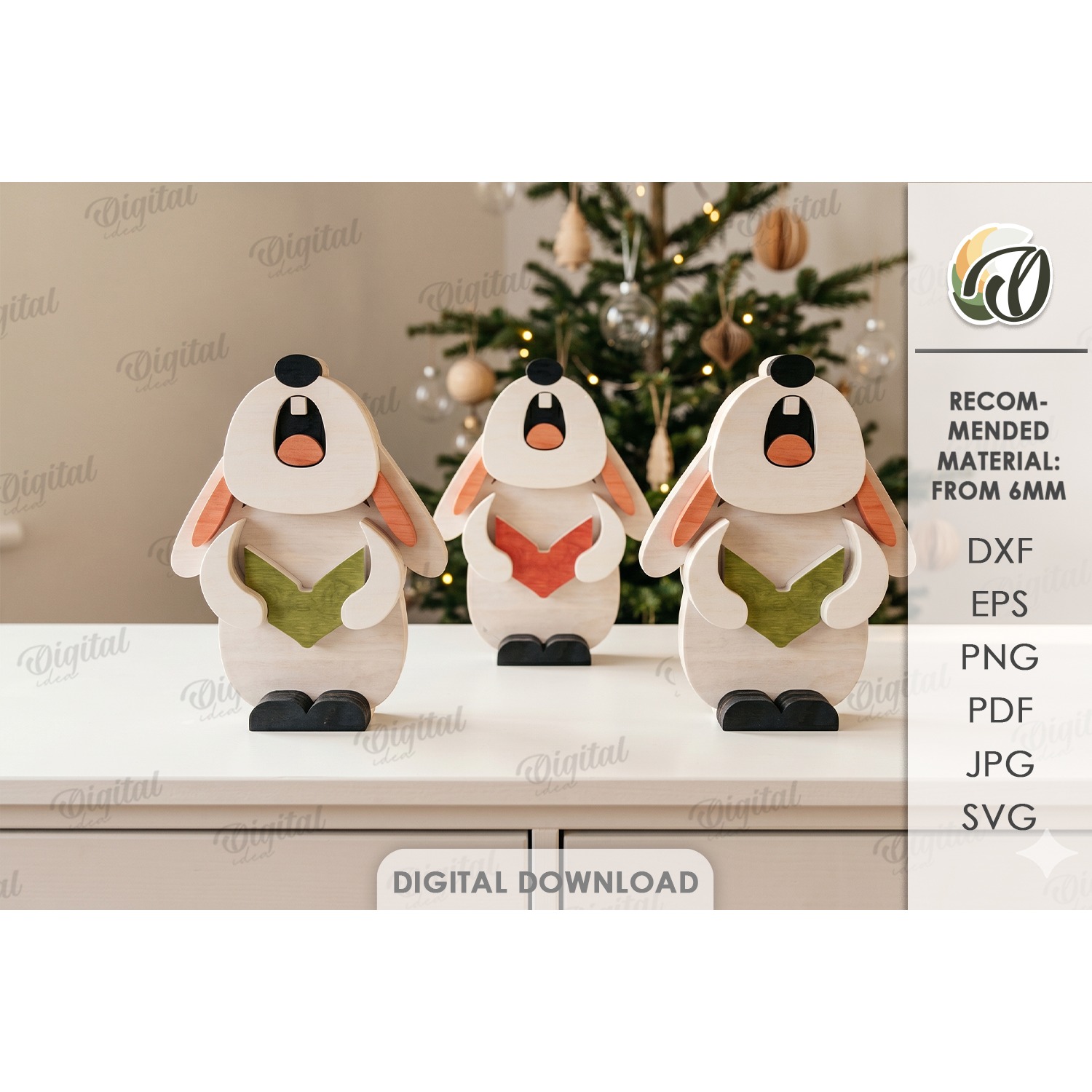 Christmas Singing Bunnies Laser Cut. Standing Decor SVG