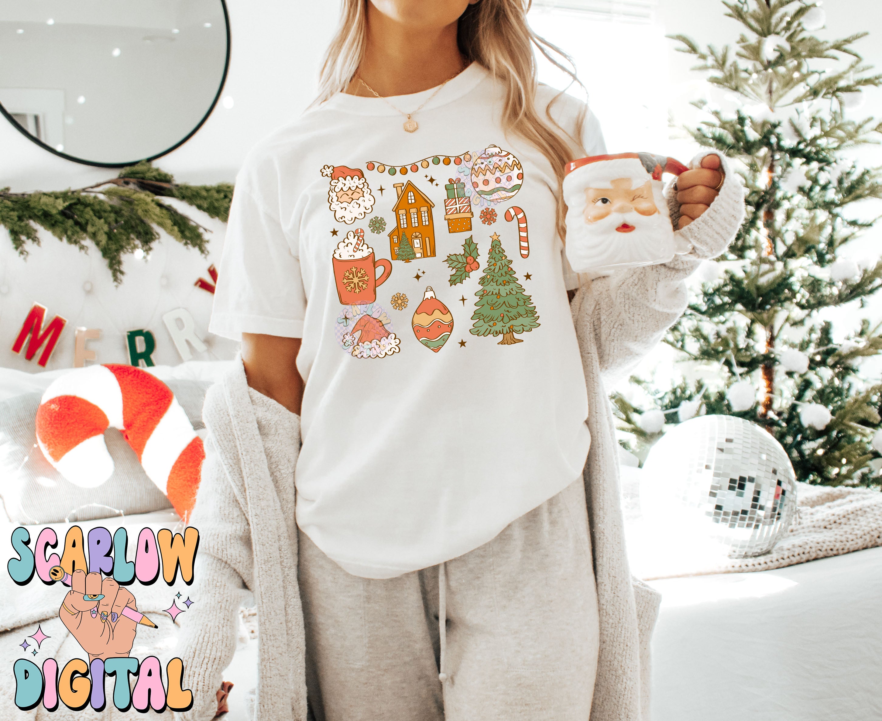 Christmas Things PNG Digital Design Download, santa claus png, gingerbread house png, christmas tree png, candy cane png, hot cocoa png 3