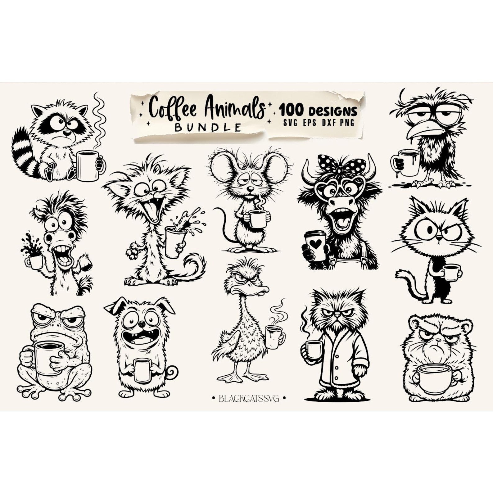 Coffee animals clipart Bundle 100 designs SVG, Funny animals 7