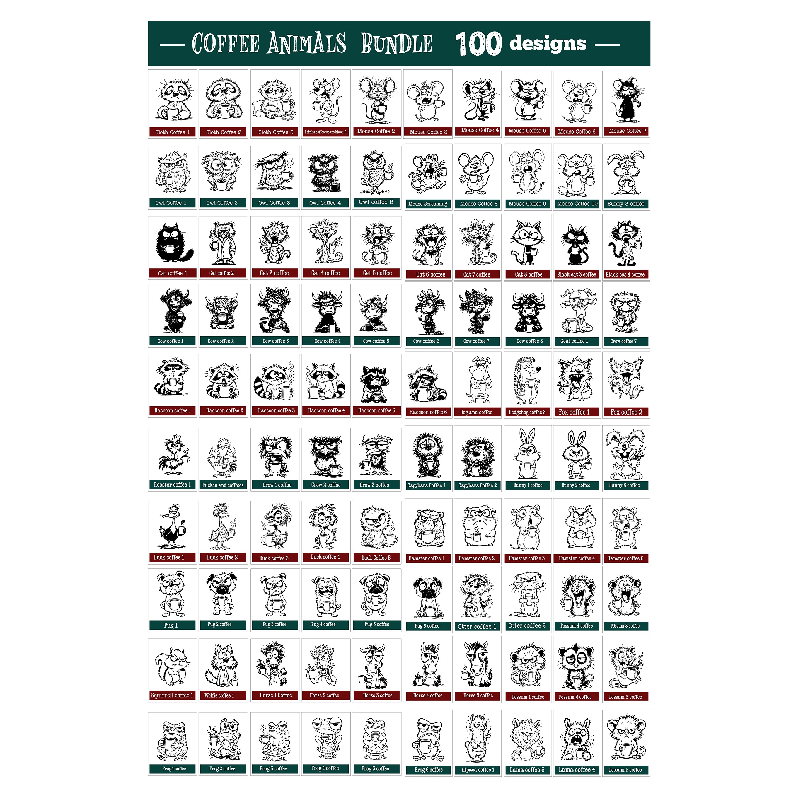Coffee animals clipart Bundle 100 designs SVG, Funny animals 10