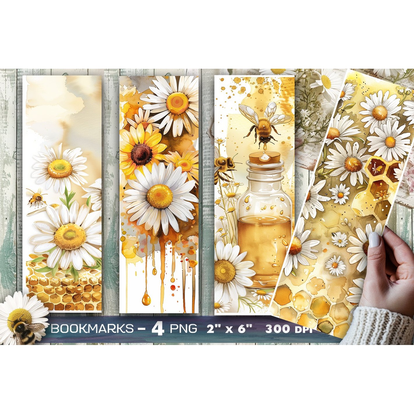Daisies bookmark, Honey bookmark, Bee bookmarks