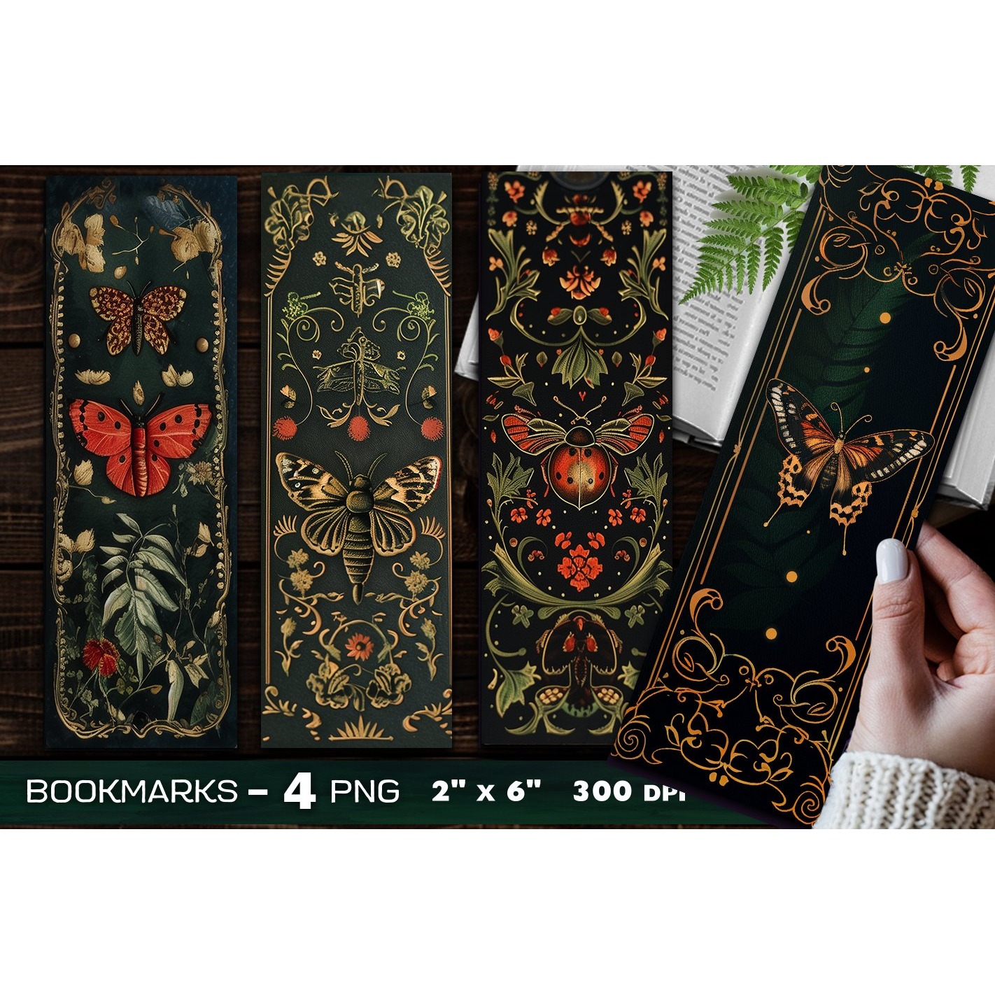 Dark Akademia botanical bookmark, Ladybug bookmark