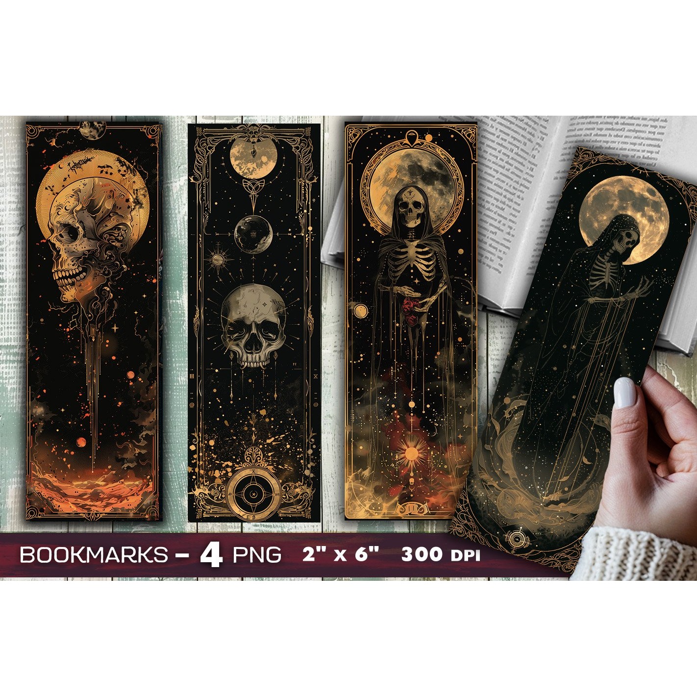 Dark skulls bookmark, Fantasy occult tarot bookmarks