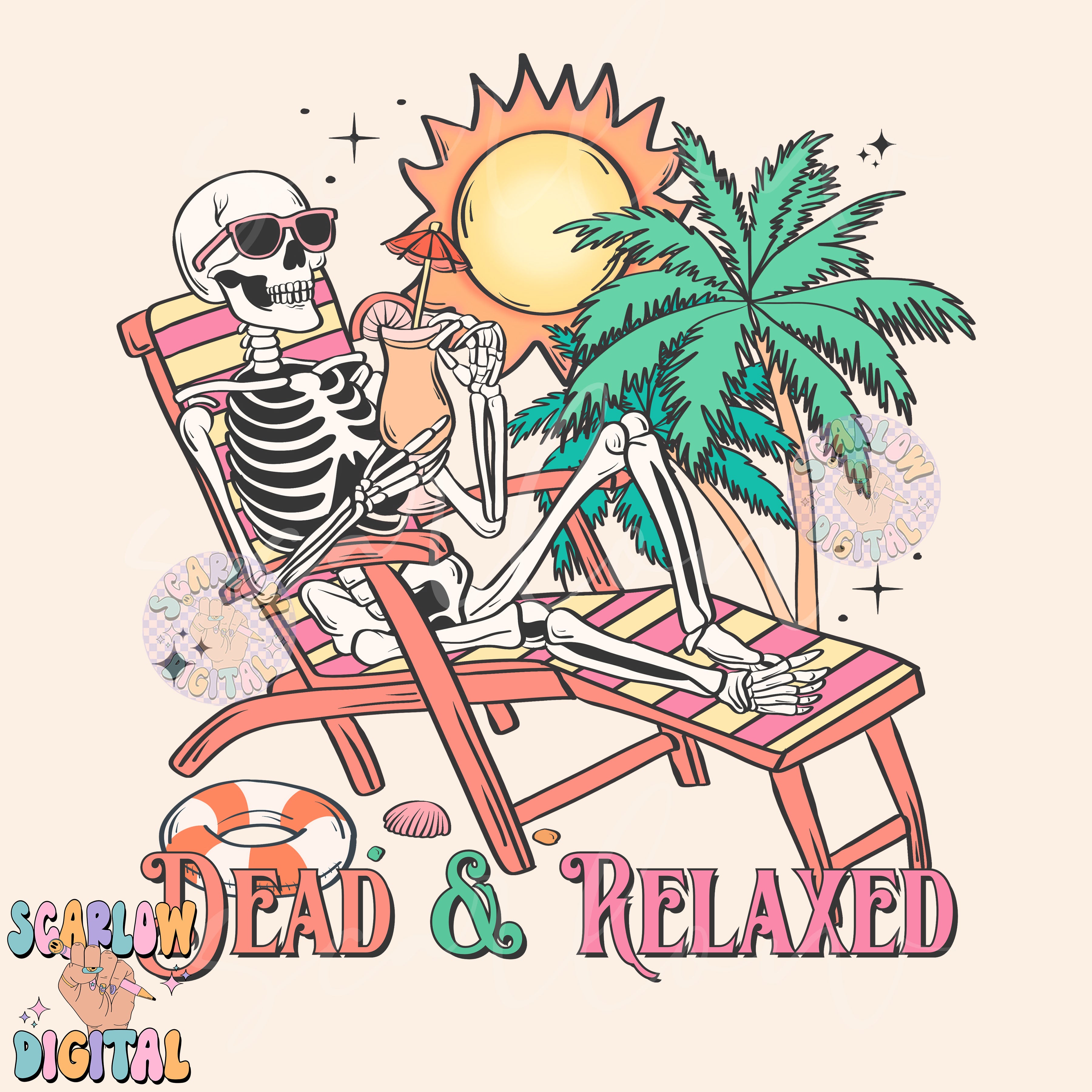 Dead and Relaxed PNG Digital Design Download, skeleton png, funny png designs, halloween png, spooky summer png, beach png, palm trees png