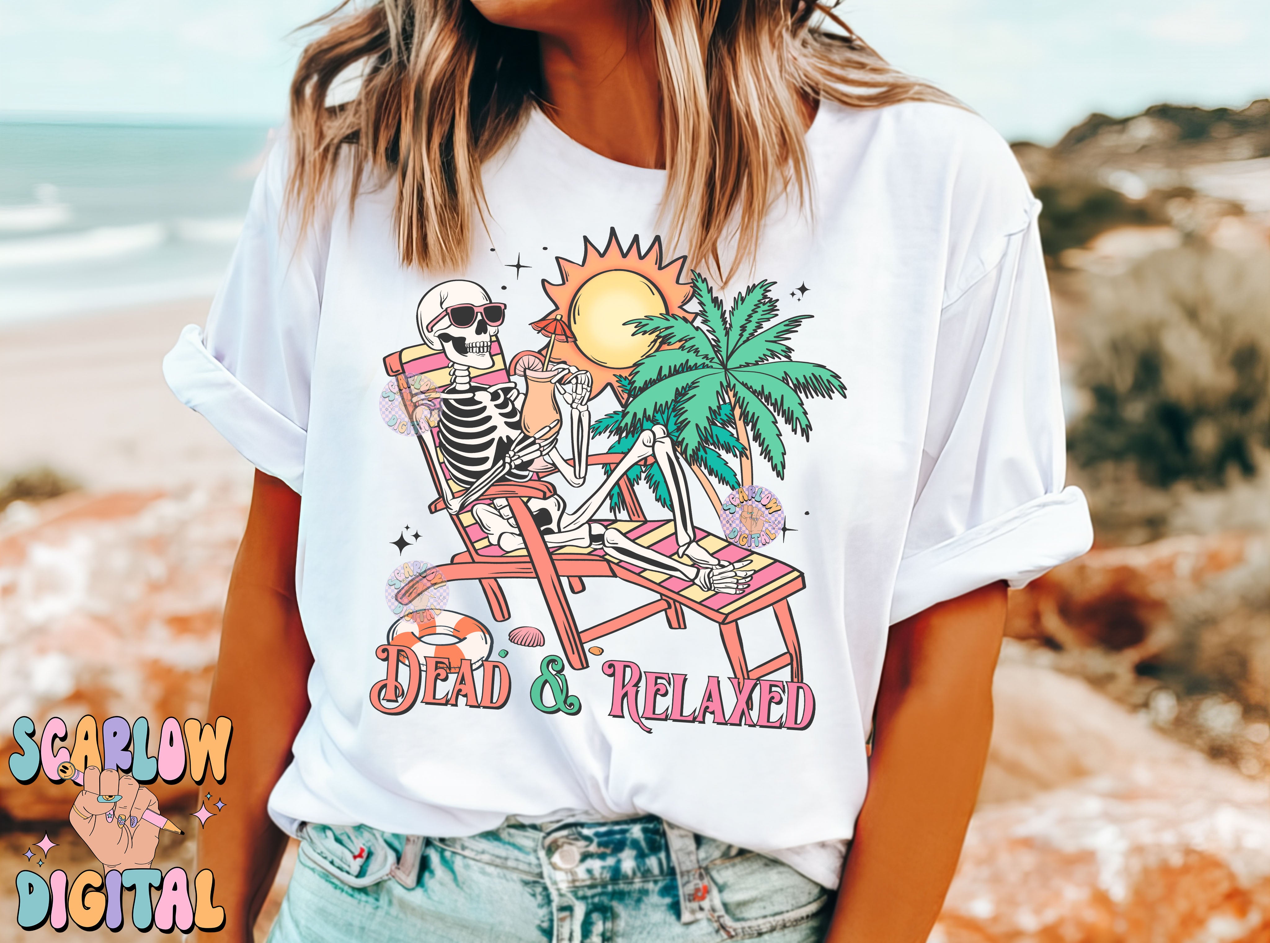 Dead and Relaxed PNG Digital Design Download, skeleton png, funny png designs, halloween png, spooky summer png, beach png, palm trees png 2