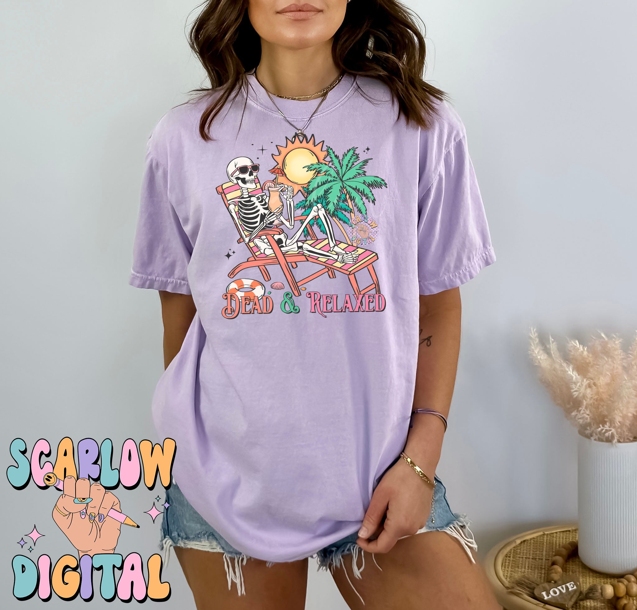 Dead and Relaxed PNG Digital Design Download, skeleton png, funny png designs, halloween png, spooky summer png, beach png, palm trees png 3