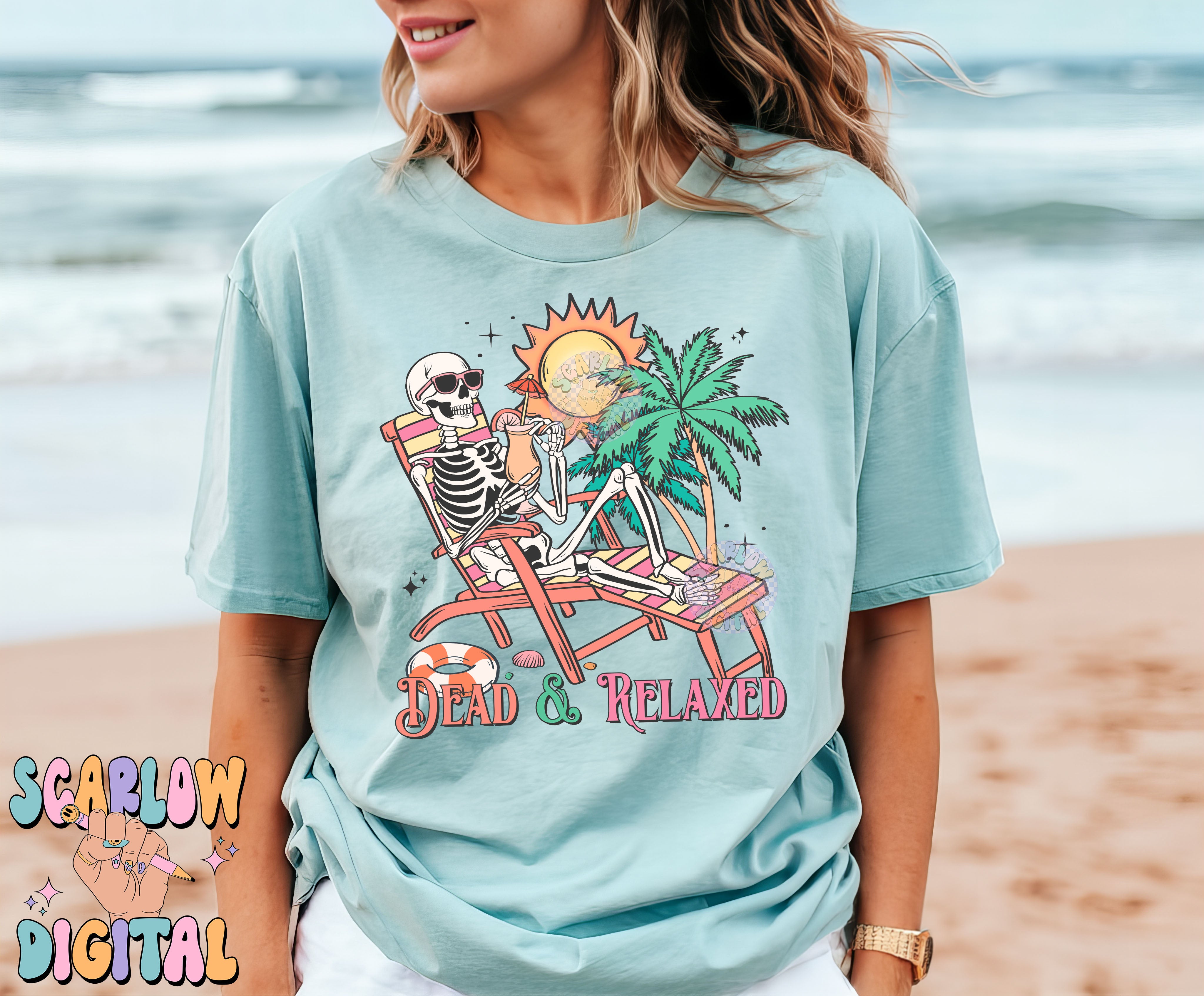 Dead and Relaxed PNG Digital Design Download, skeleton png, funny png designs, halloween png, spooky summer png, beach png, palm trees png 5