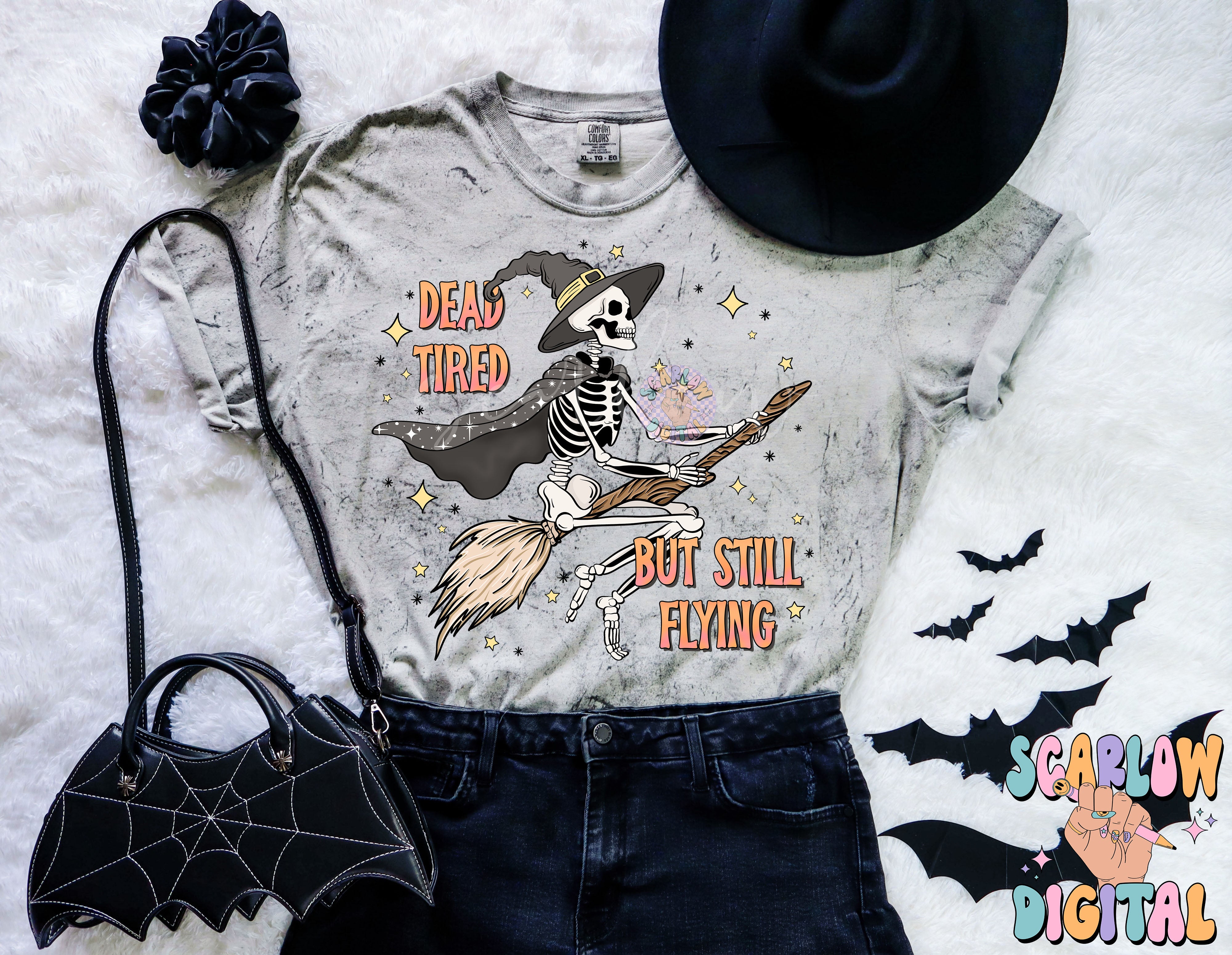 Dead Tired But Still Flying PNG Digital Design Download, Halloween png, skeleton png, funny png designs, adulting png, witchy png designs 5