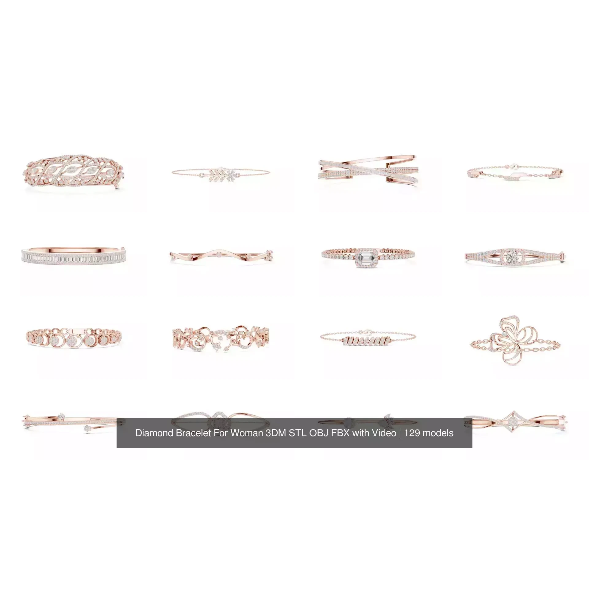 Diamond Bracelet For Woman 3DM STL OBJ FBX with Video 3D Model Pack 2