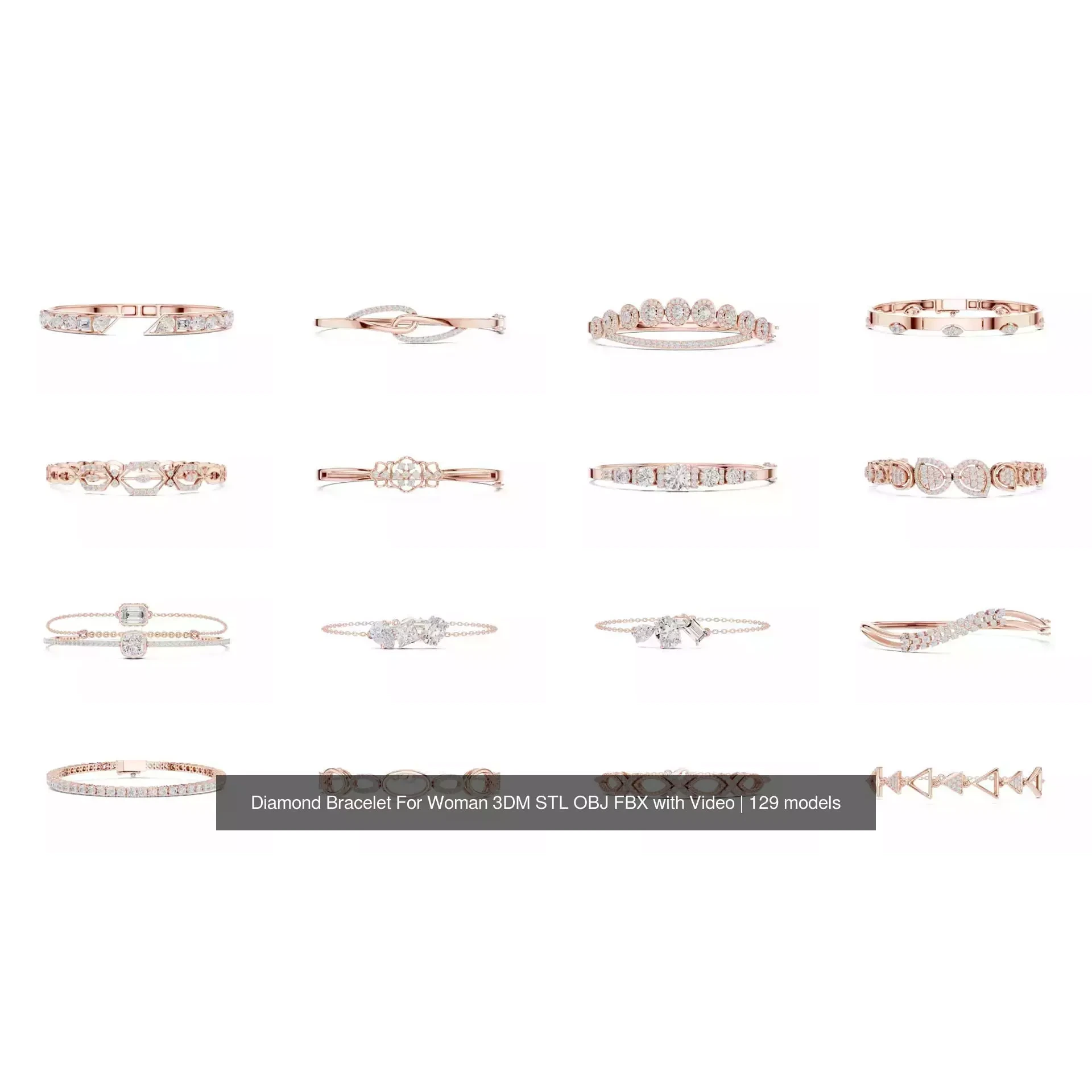 Diamond Bracelet For Woman 3DM STL OBJ FBX with Video 3D Model Pack 5