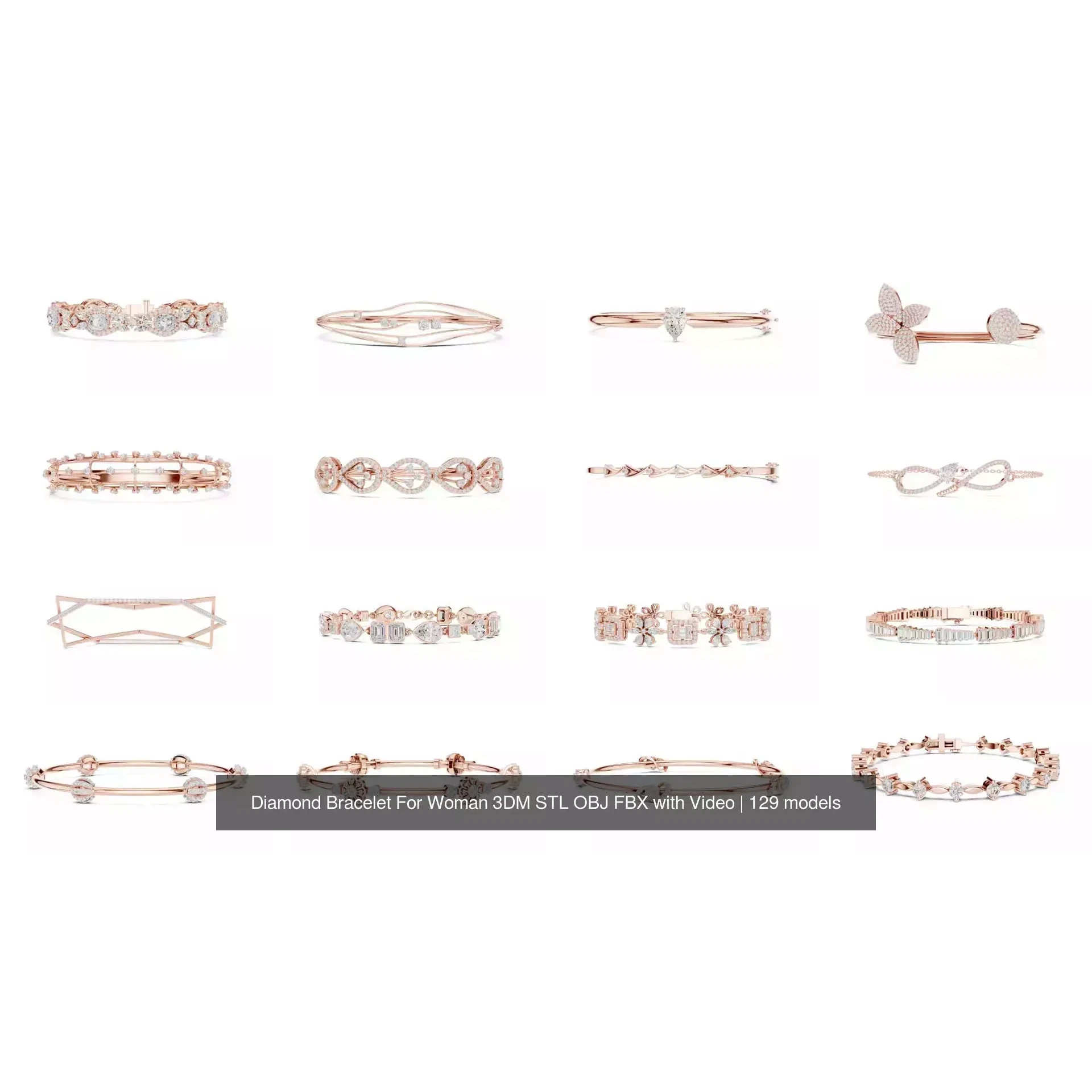 Diamond Bracelet For Woman 3DM STL OBJ FBX with Video 3D Model Pack 8