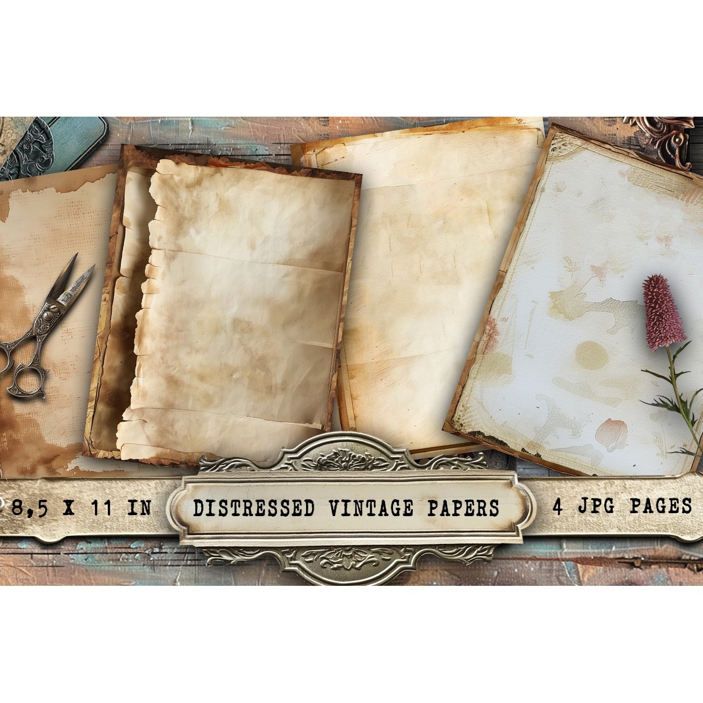 Distressed Aged Paper, 4 Antique Textures Pages,Junk Journal