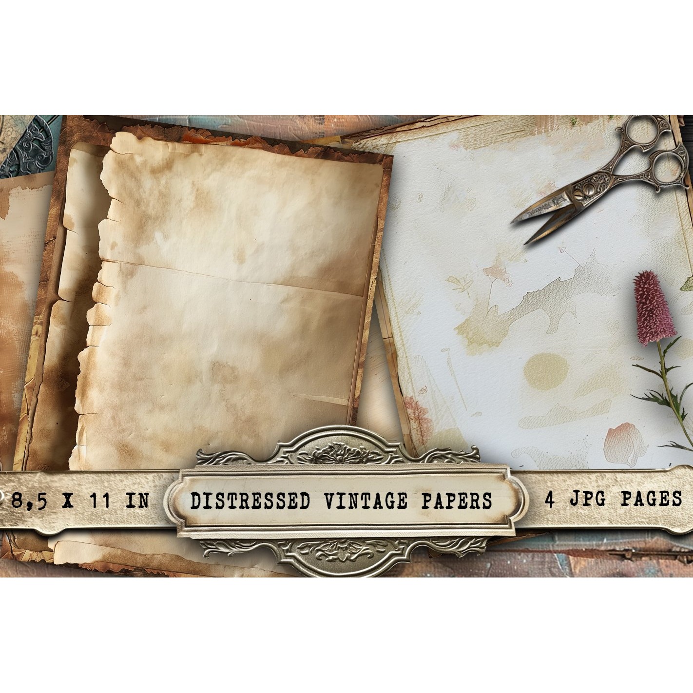 Distressed Aged Paper, 4 Antique Textures Pages,Junk Journal 2