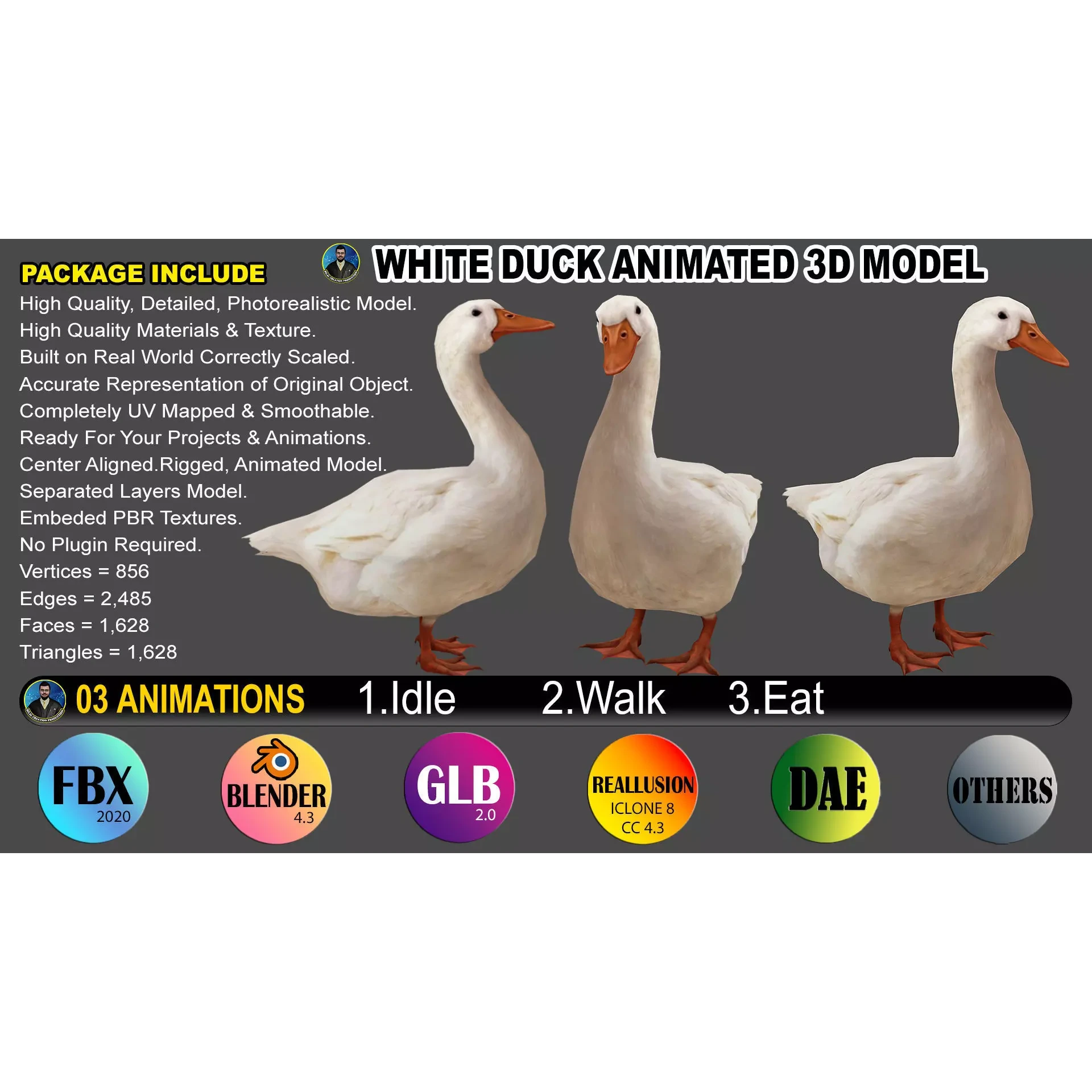 Duck Rigged Animated 3 Low-poly 3D model