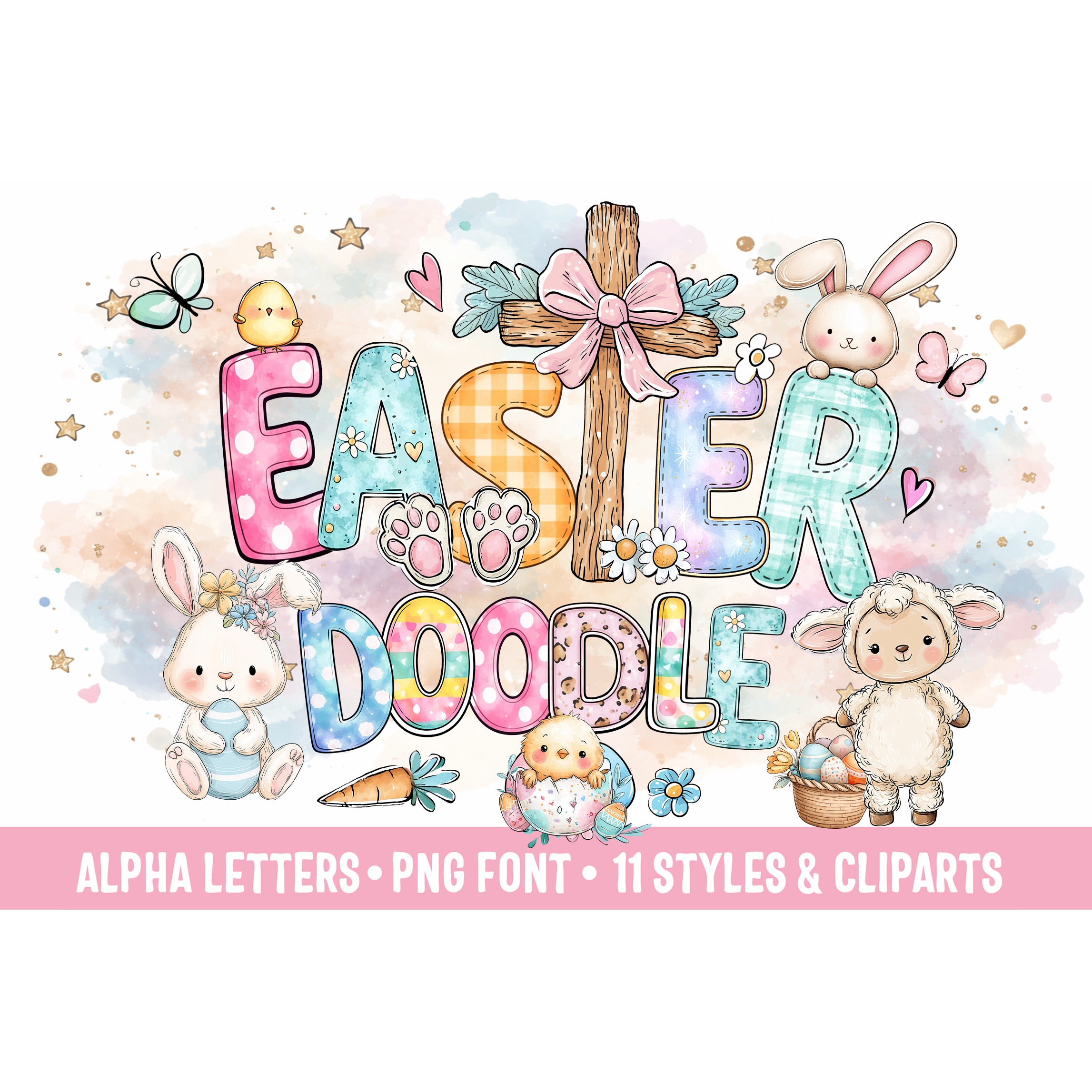 Easter Doodle Alphabet PNG 11 font styles and clipart