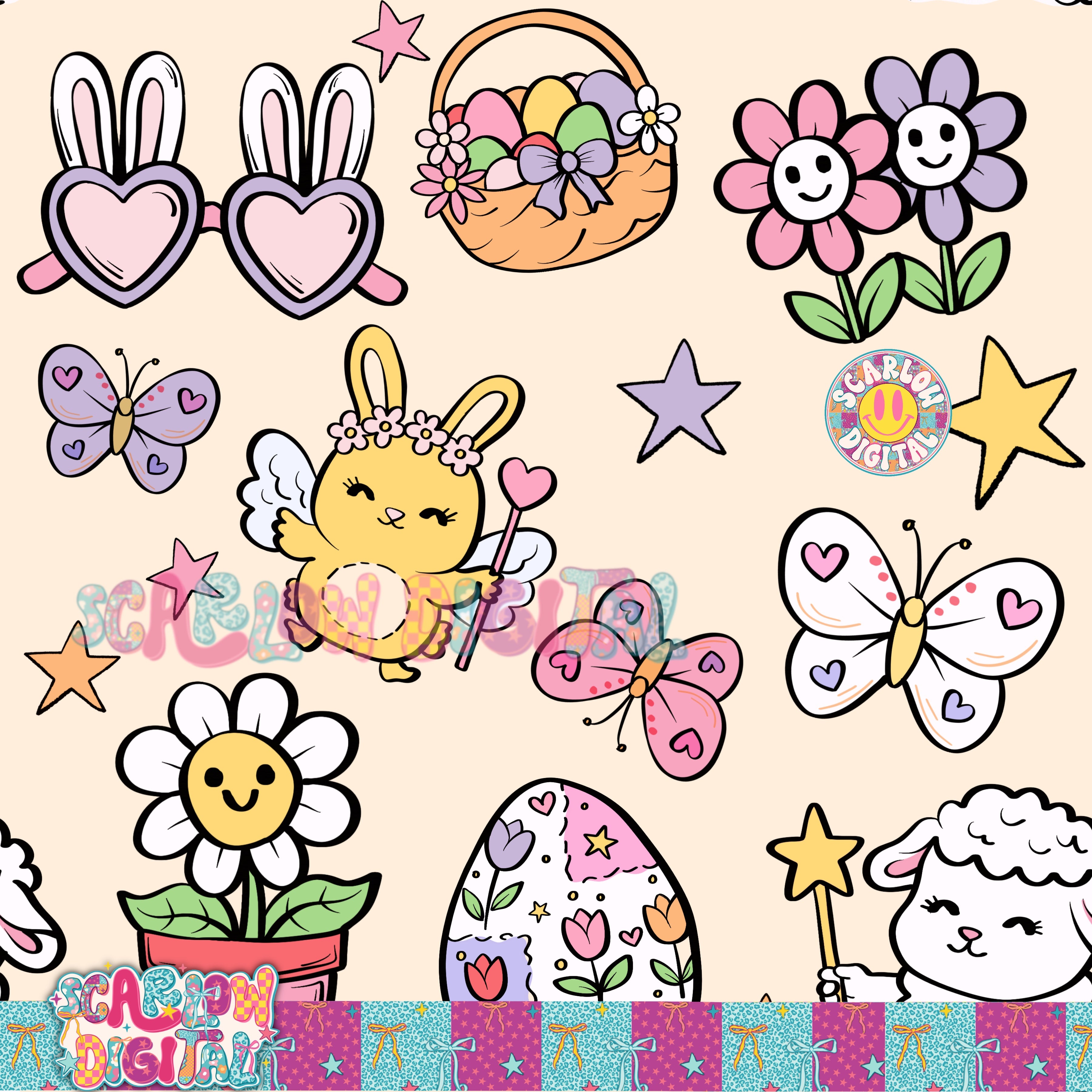 Easter Doodles Seamless Pattern Digital Design 2