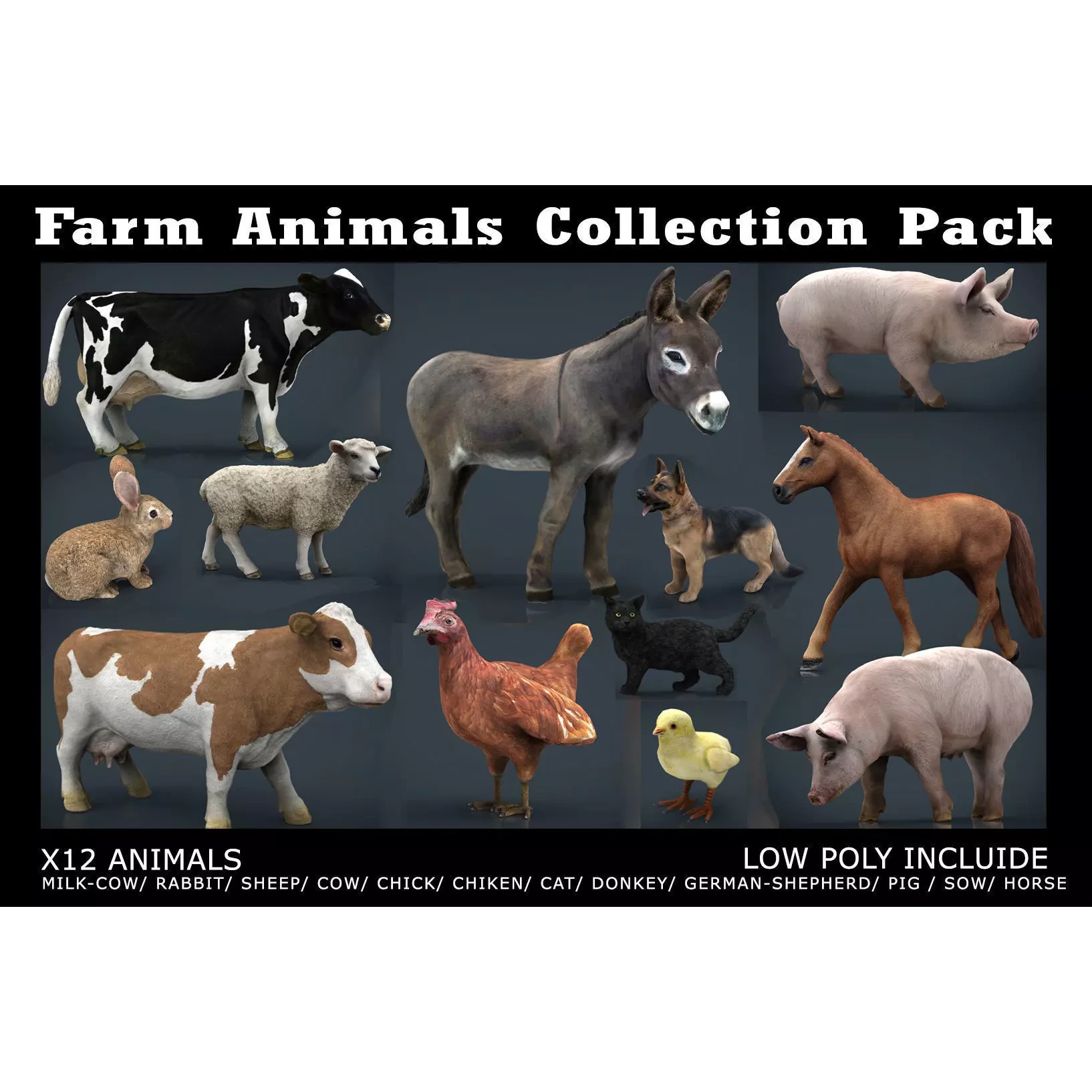Farm Animals Collection Pack Low-poly 3D model