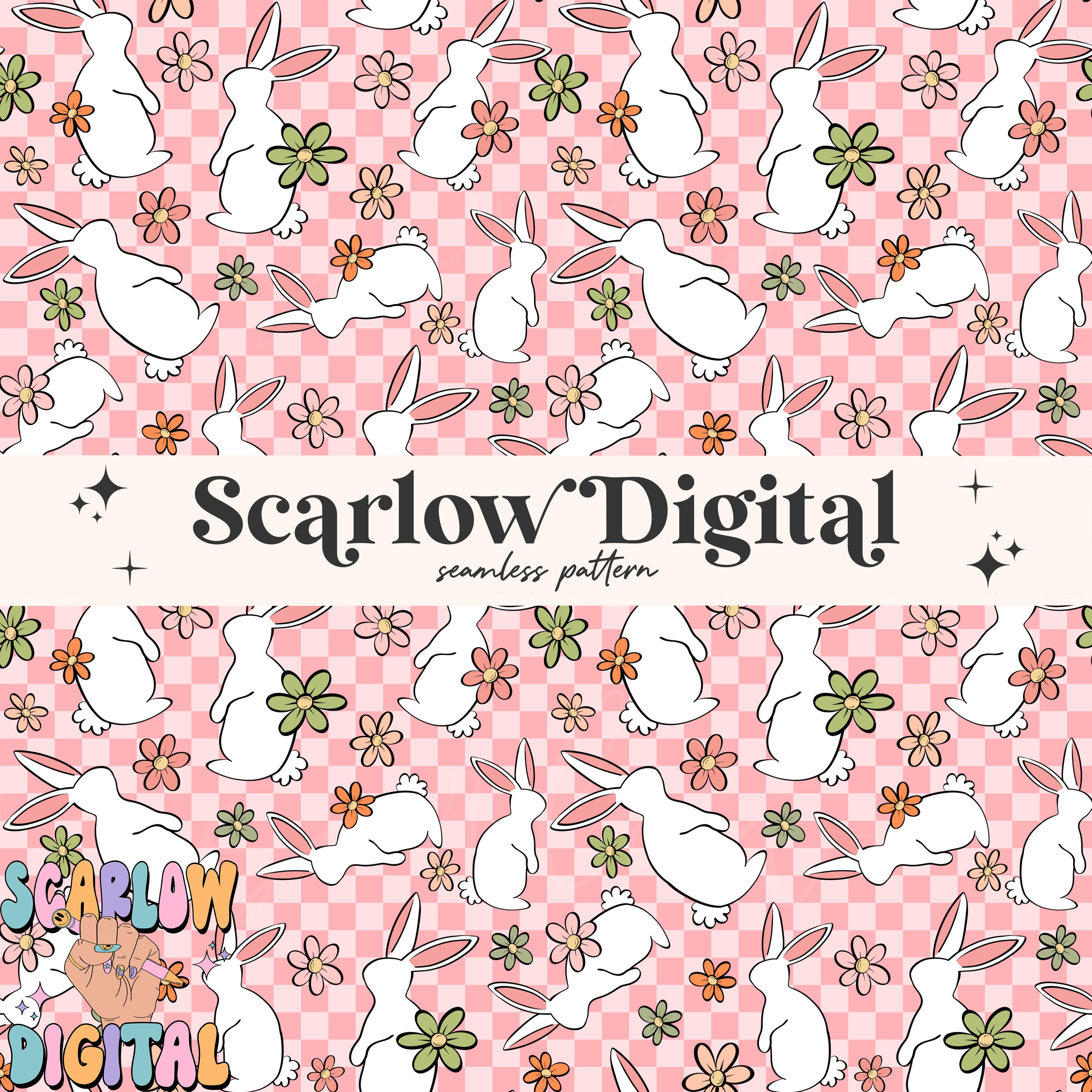 Floral Easter Bunny Seamless Pattern-Easter Sublimation Digital Design Download-checkered easter seamless pattern, girly easter seamless 2