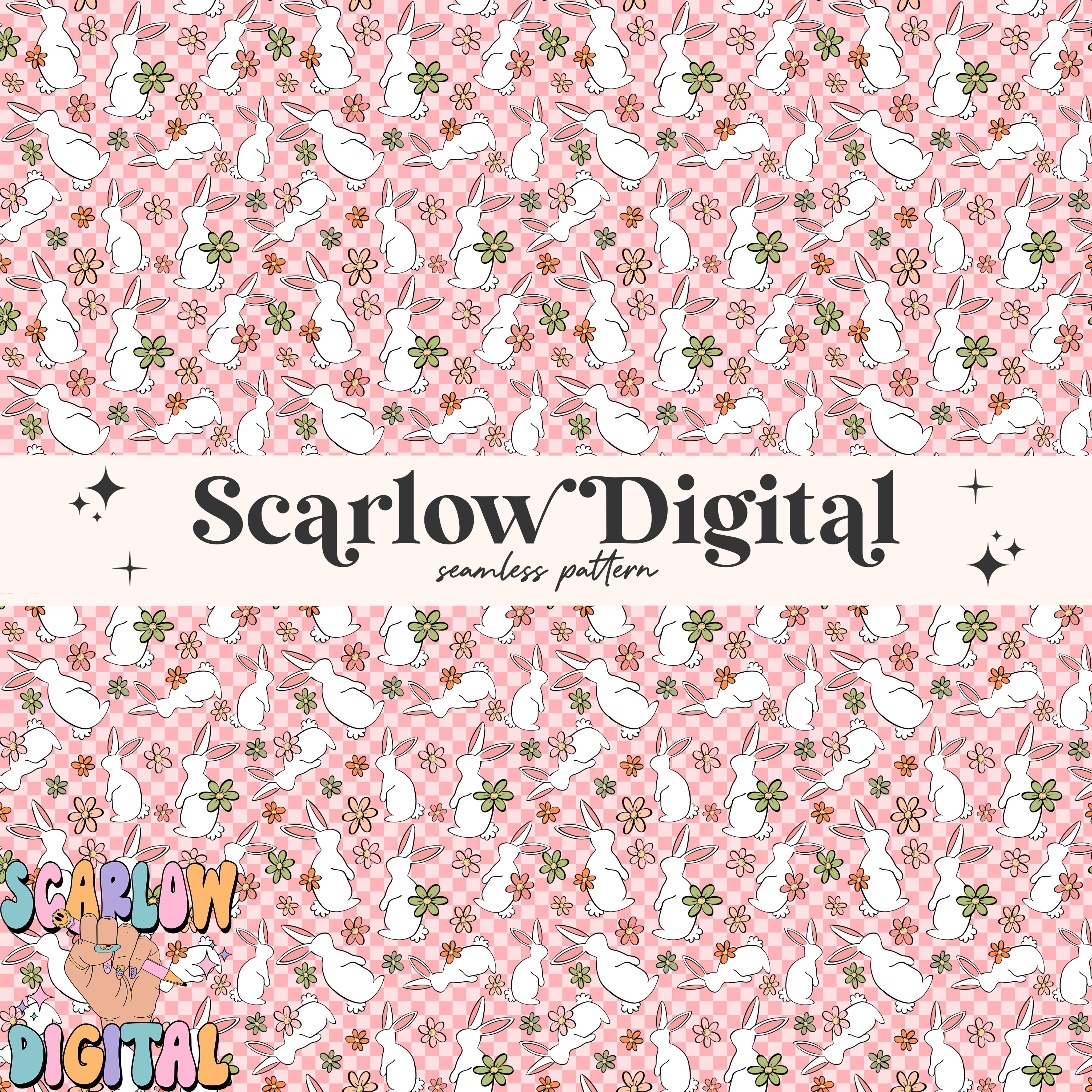 Floral Easter Bunny Seamless Pattern-Easter Sublimation Digital Design Download-checkered easter seamless pattern, girly easter seamless 3