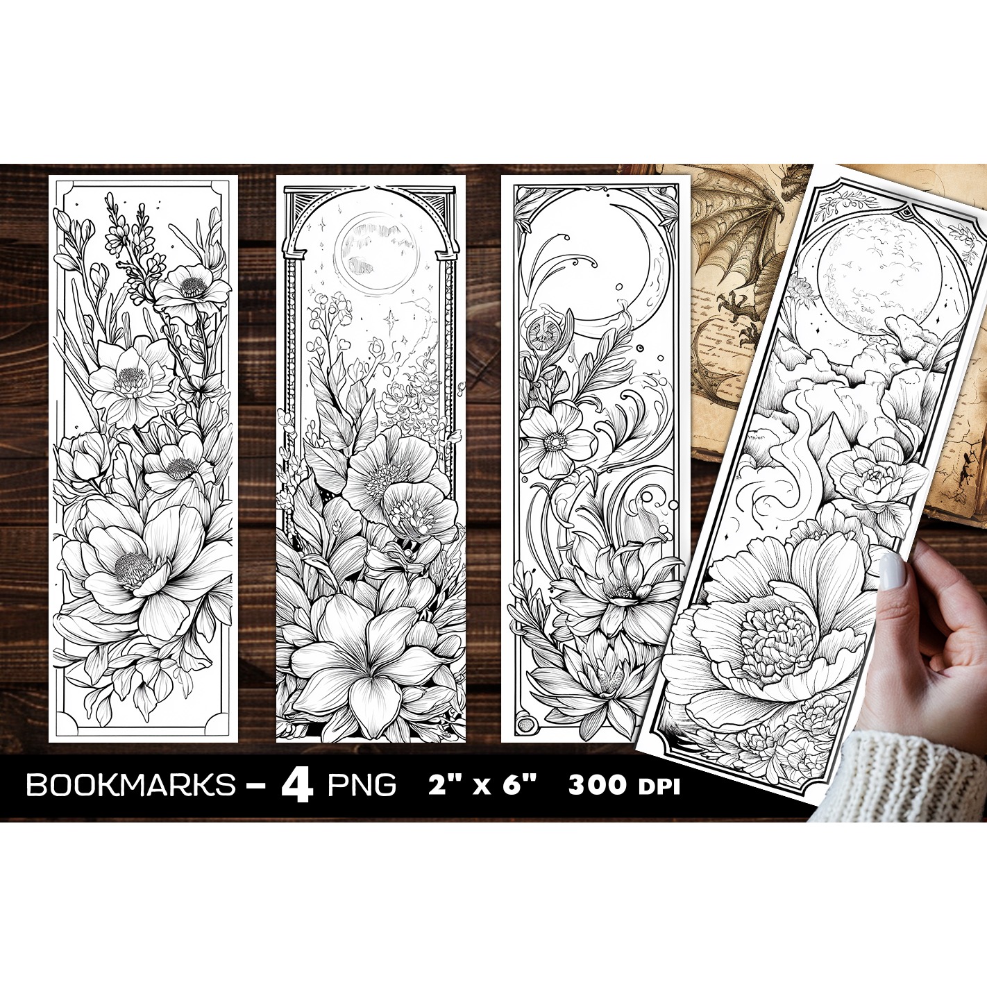 Flowers and books coloring bookmark, flowers bookmarks