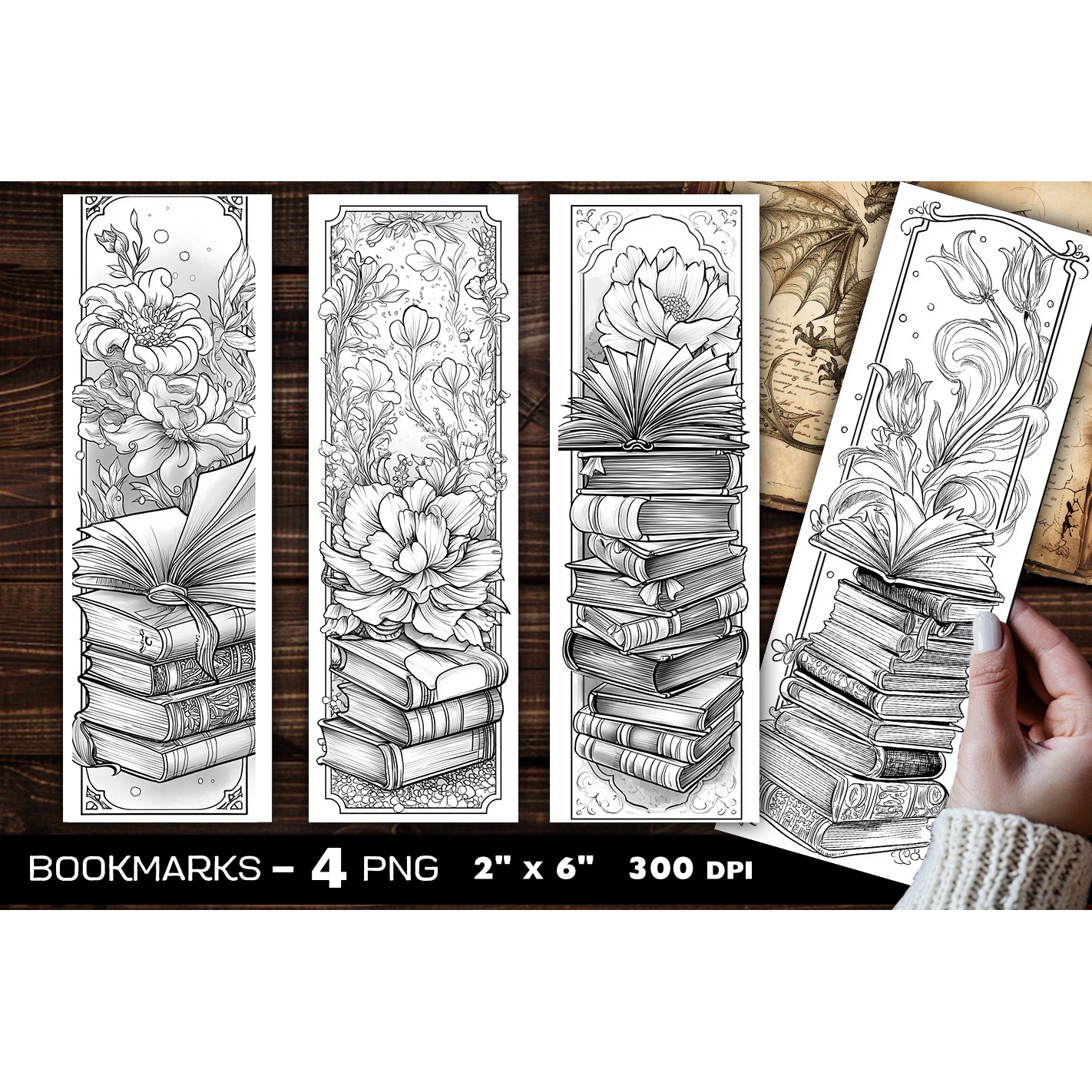 Flowers and books coloring bookmark, flowers bookmarks (3)