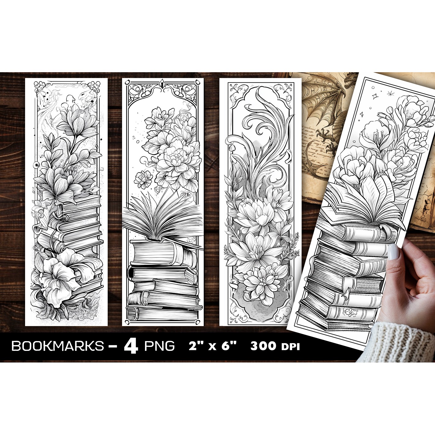 Flowers and books coloring bookmark, flowers bookmarks (5)