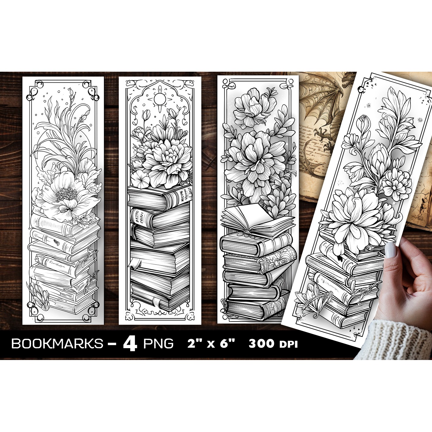 Flowers and books coloring bookmark, flowers bookmarks (6)