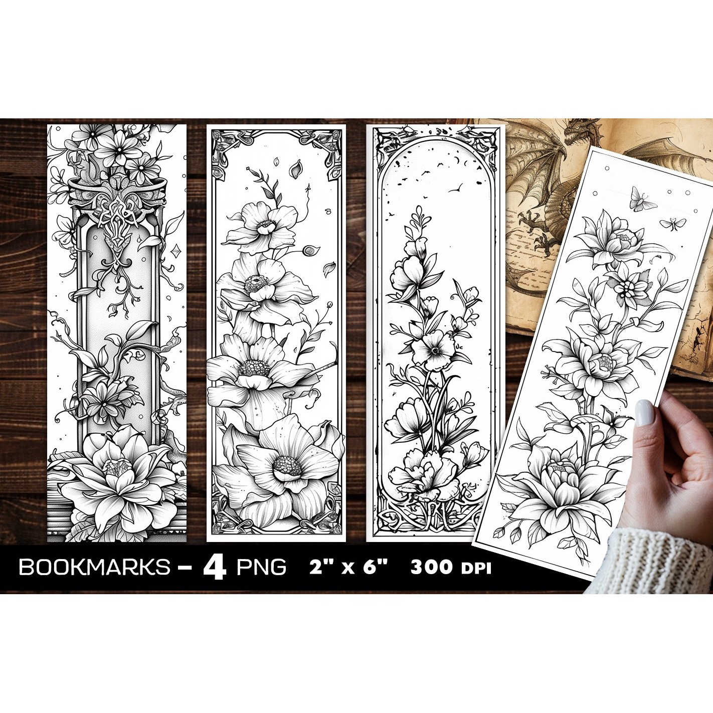 Flowers coloring bookmark, flowers coloring page bookmark (4)
