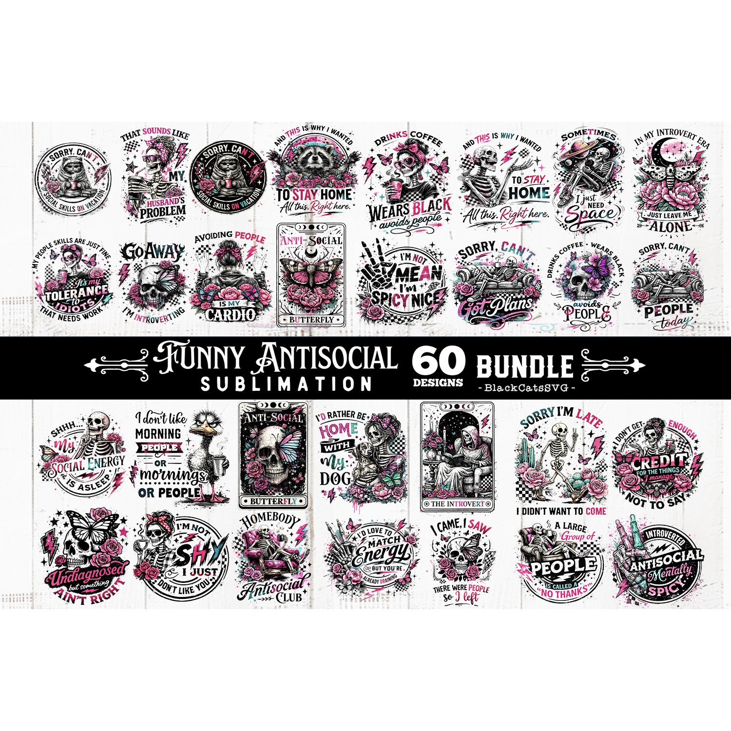 Funny Antisocial skulls sublimation bundle 60 designs PNG