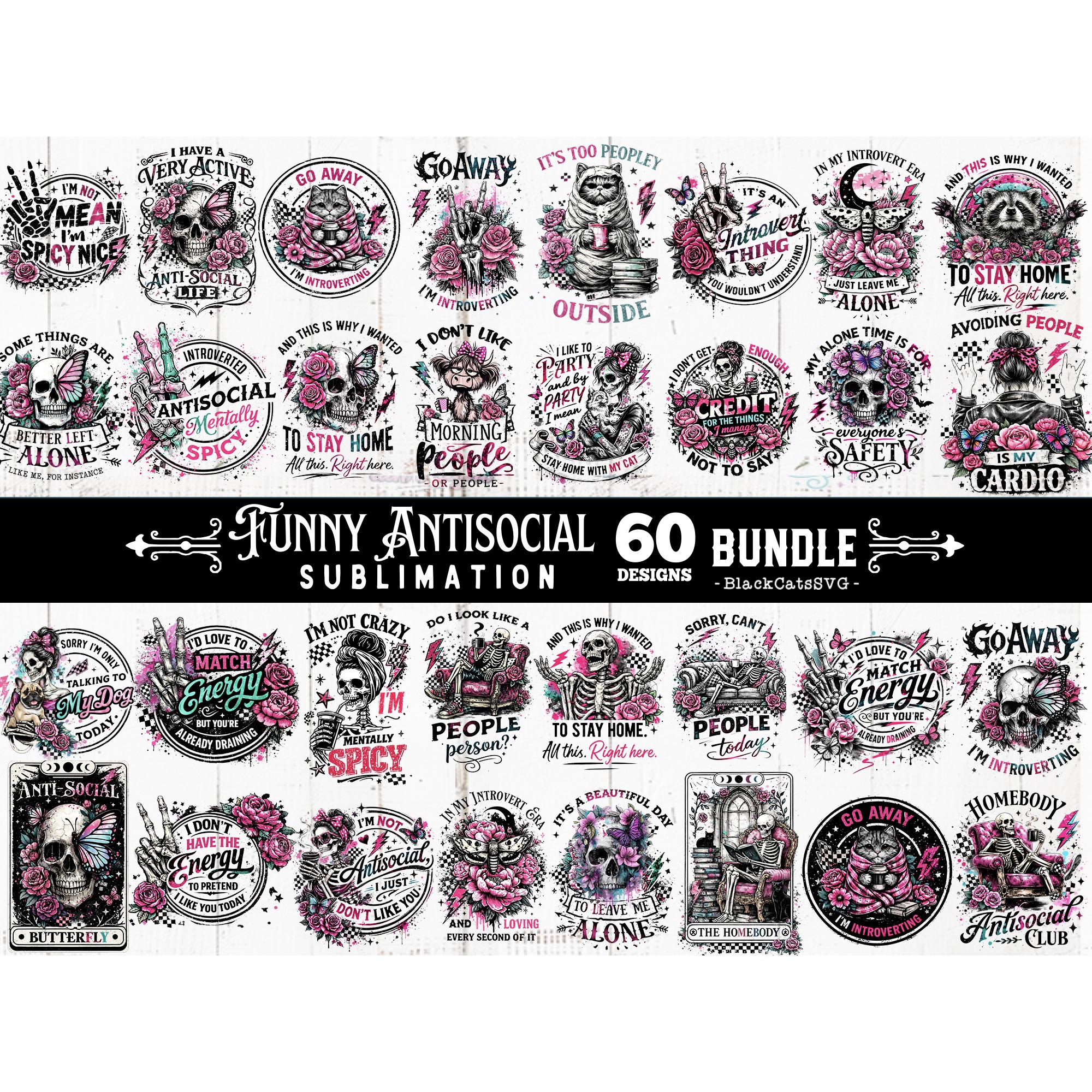 Funny Antisocial skulls sublimation bundle 60 designs PNG 2