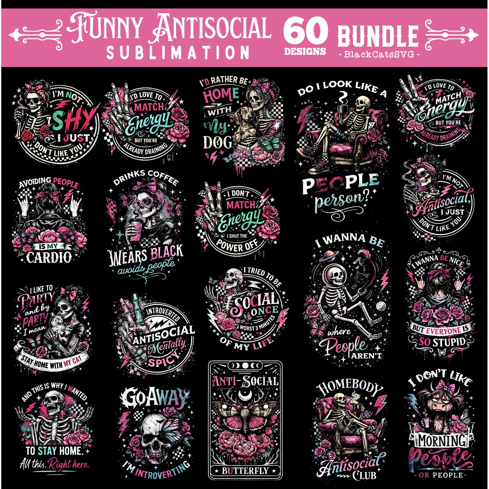 Funny Antisocial skulls sublimation bundle 60 designs PNG 3