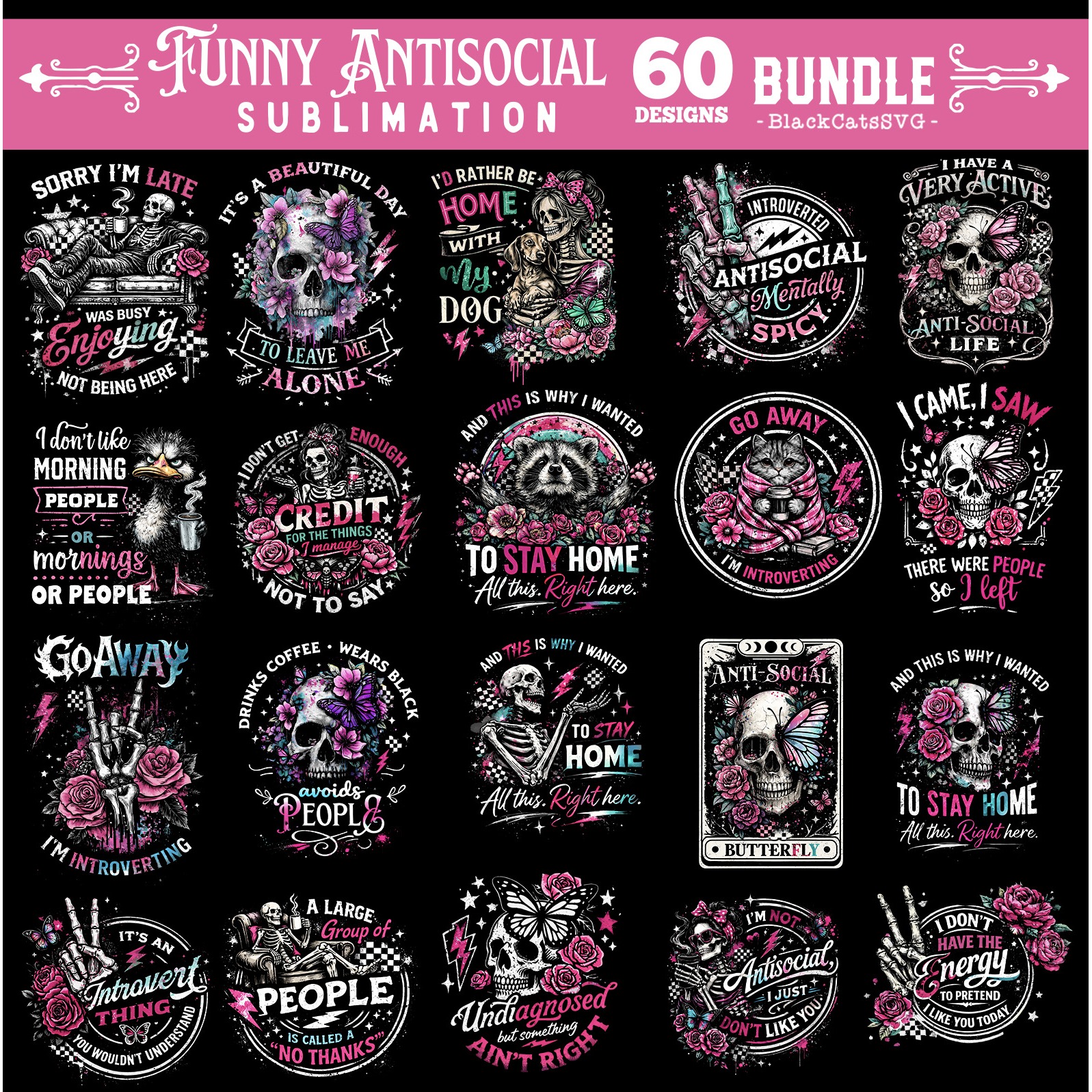 Funny Antisocial skulls sublimation bundle 60 designs PNG 4