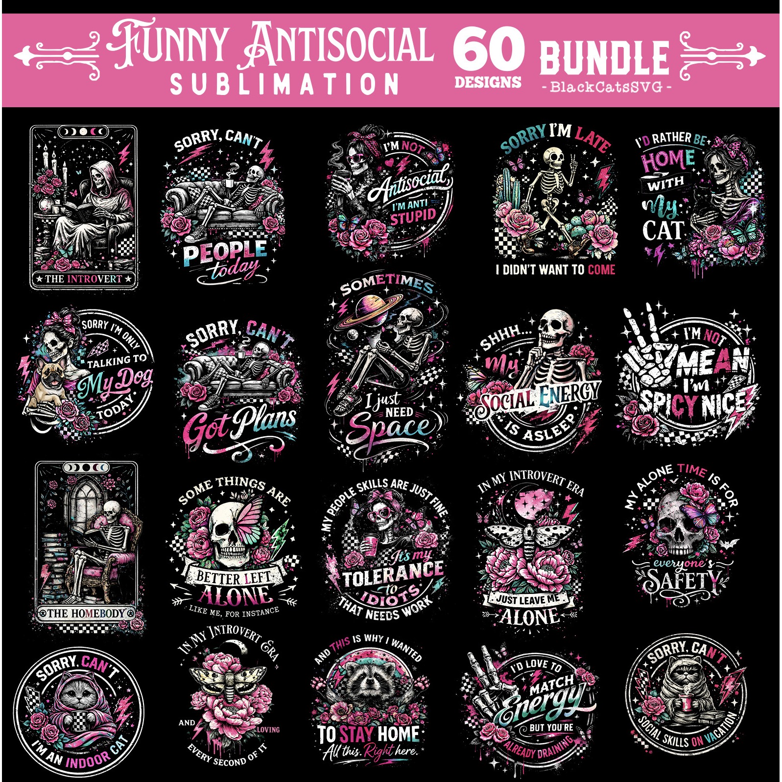 Funny Antisocial skulls sublimation bundle 60 designs PNG 5