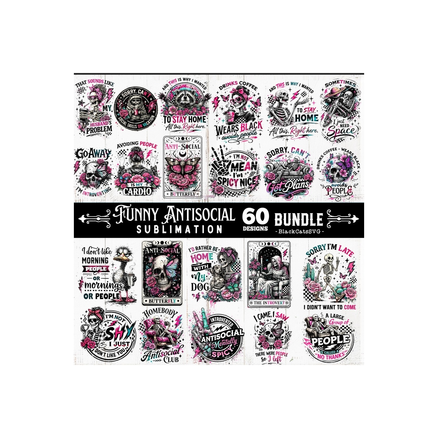 Funny Antisocial skulls sublimation bundle 60 designs PNG 6