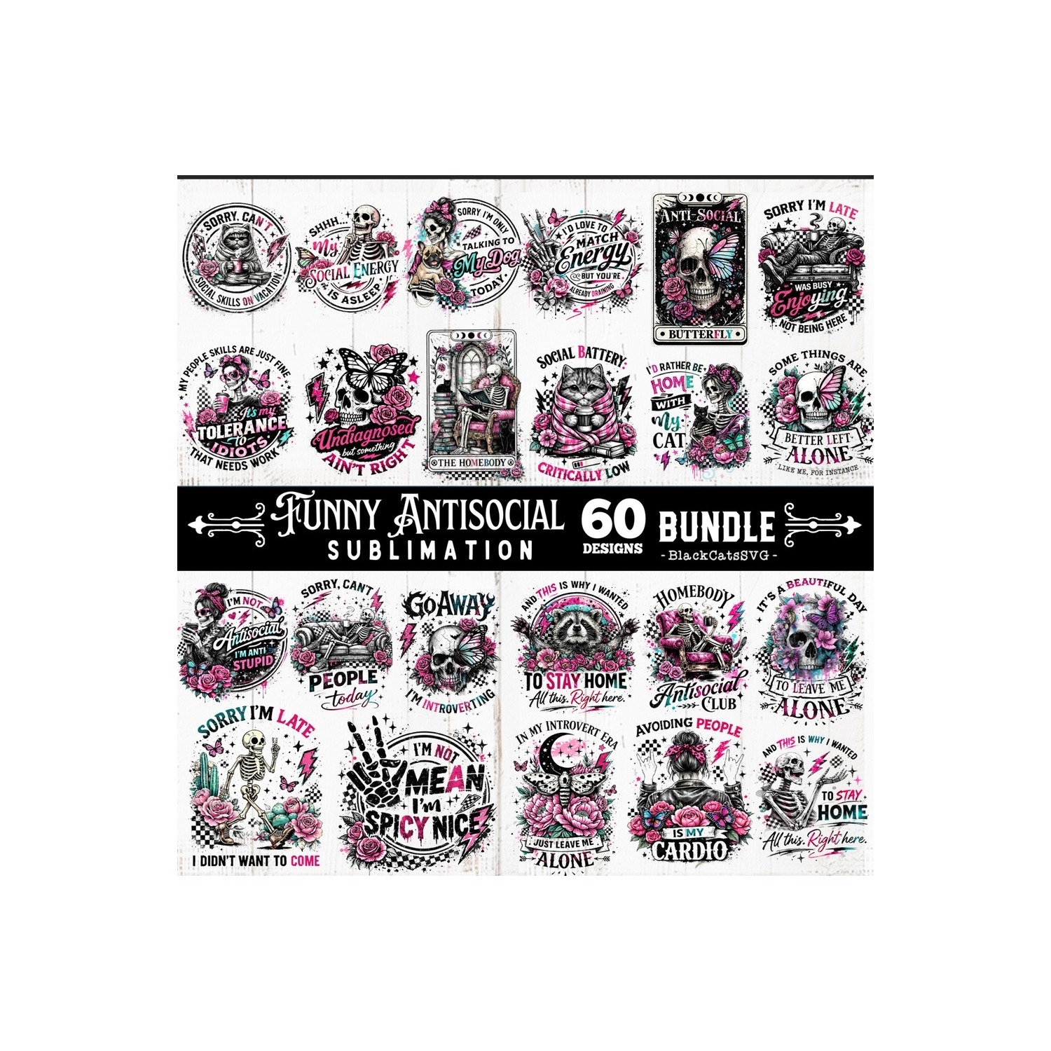 Funny Antisocial skulls sublimation bundle 60 designs PNG 7