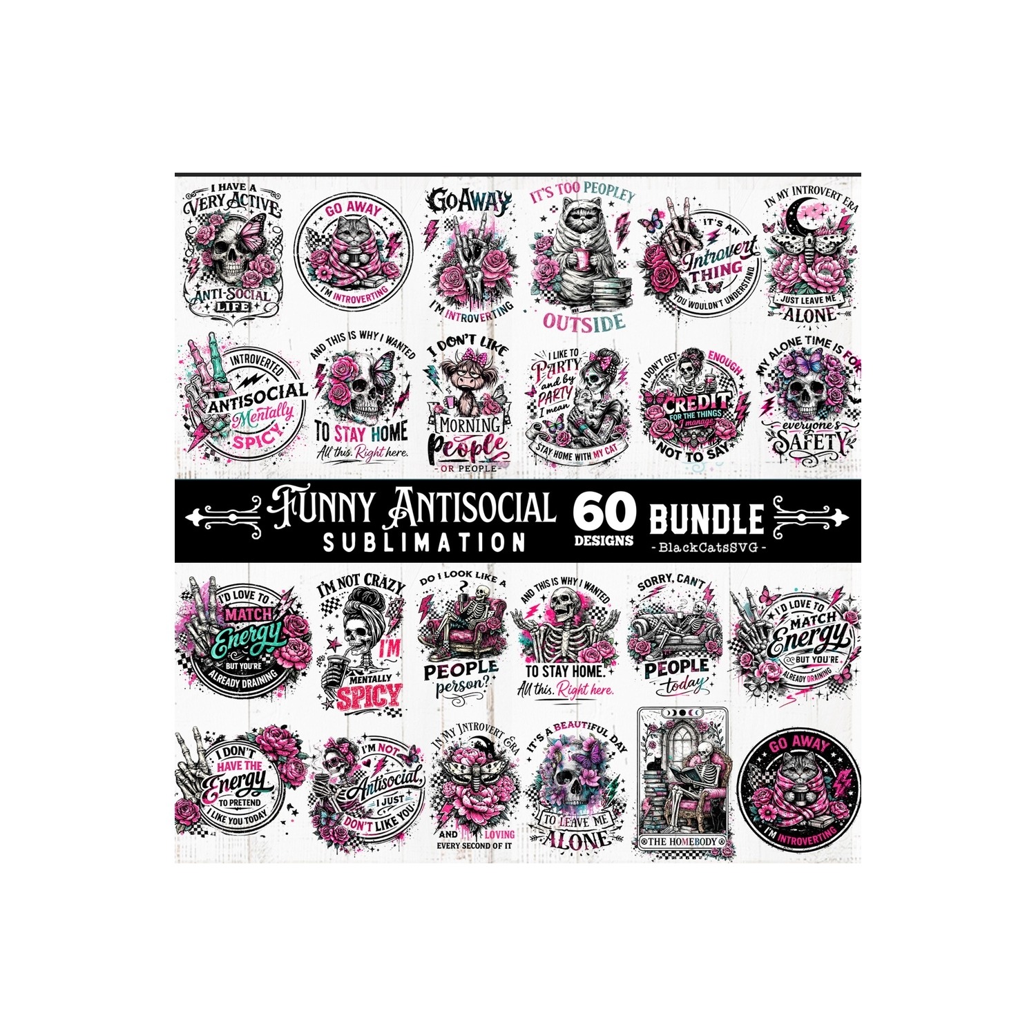Funny Antisocial skulls sublimation bundle 60 designs PNG 8