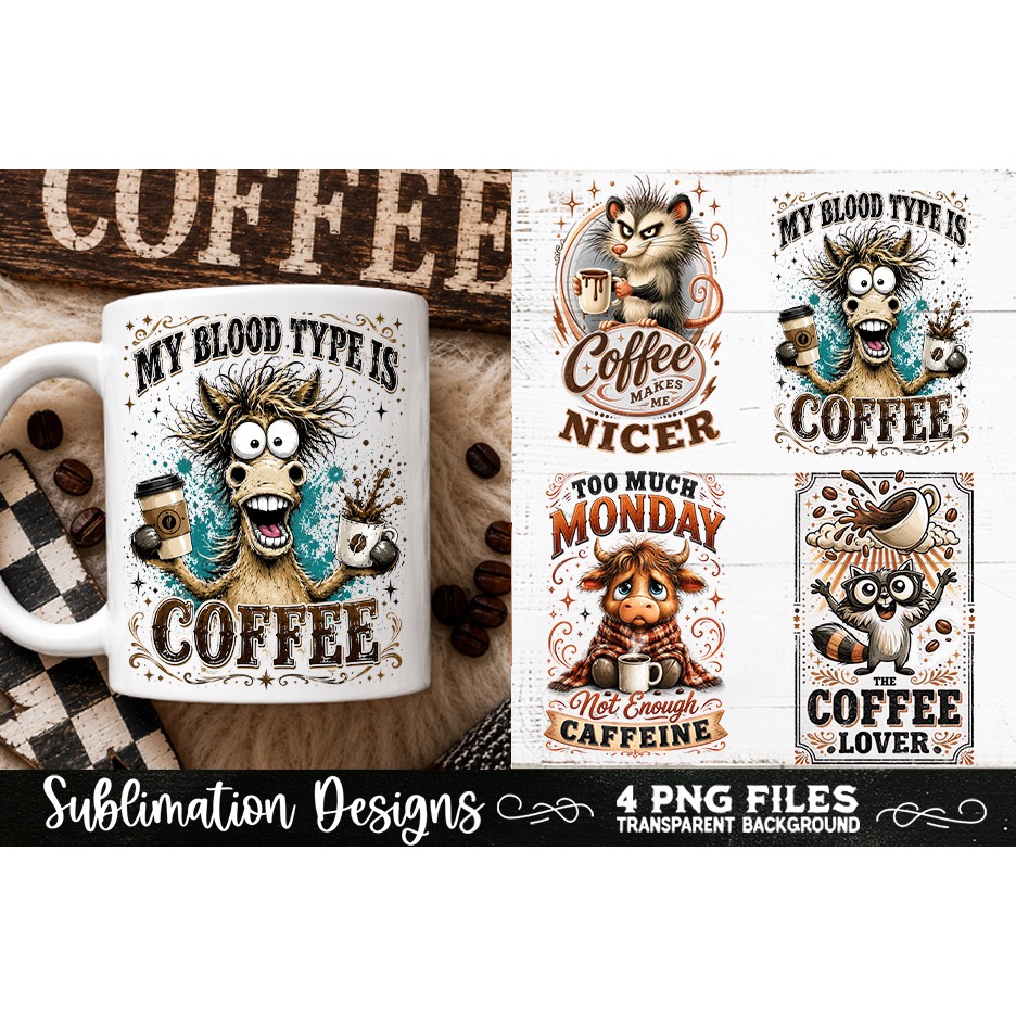 Funny Coffee Animals PNG Sublimation Designs 4 Files