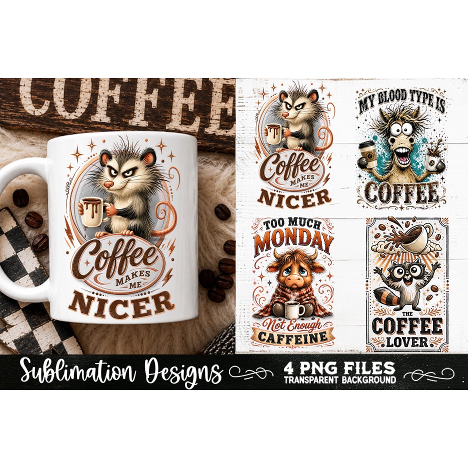 Funny Coffee Animals PNG Sublimation Designs 4 Files 2