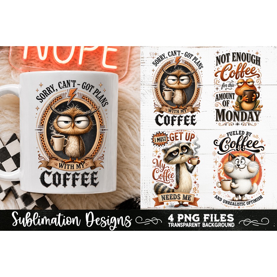 Funny Coffee Animals PNG Sublimation Designs 4 Files (10)