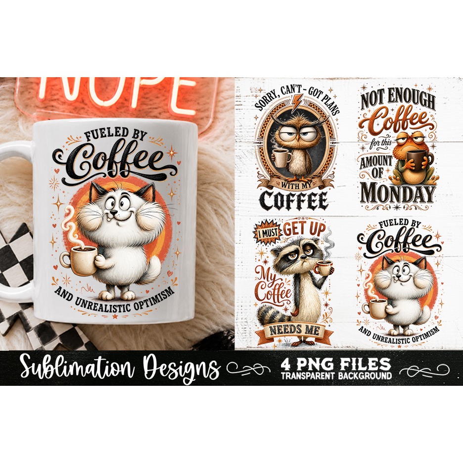 Funny Coffee Animals PNG Sublimation Designs 4 Files (10) 2