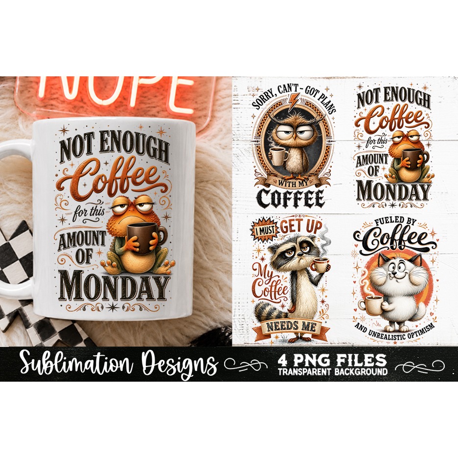 Funny Coffee Animals PNG Sublimation Designs 4 Files (10) 3