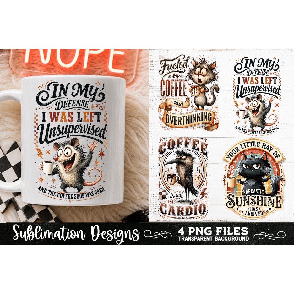 Funny Coffee Animals PNG Sublimation Designs 4 Files (11) 2