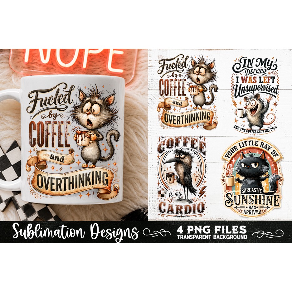 Funny Coffee Animals PNG Sublimation Designs 4 Files (11) 3
